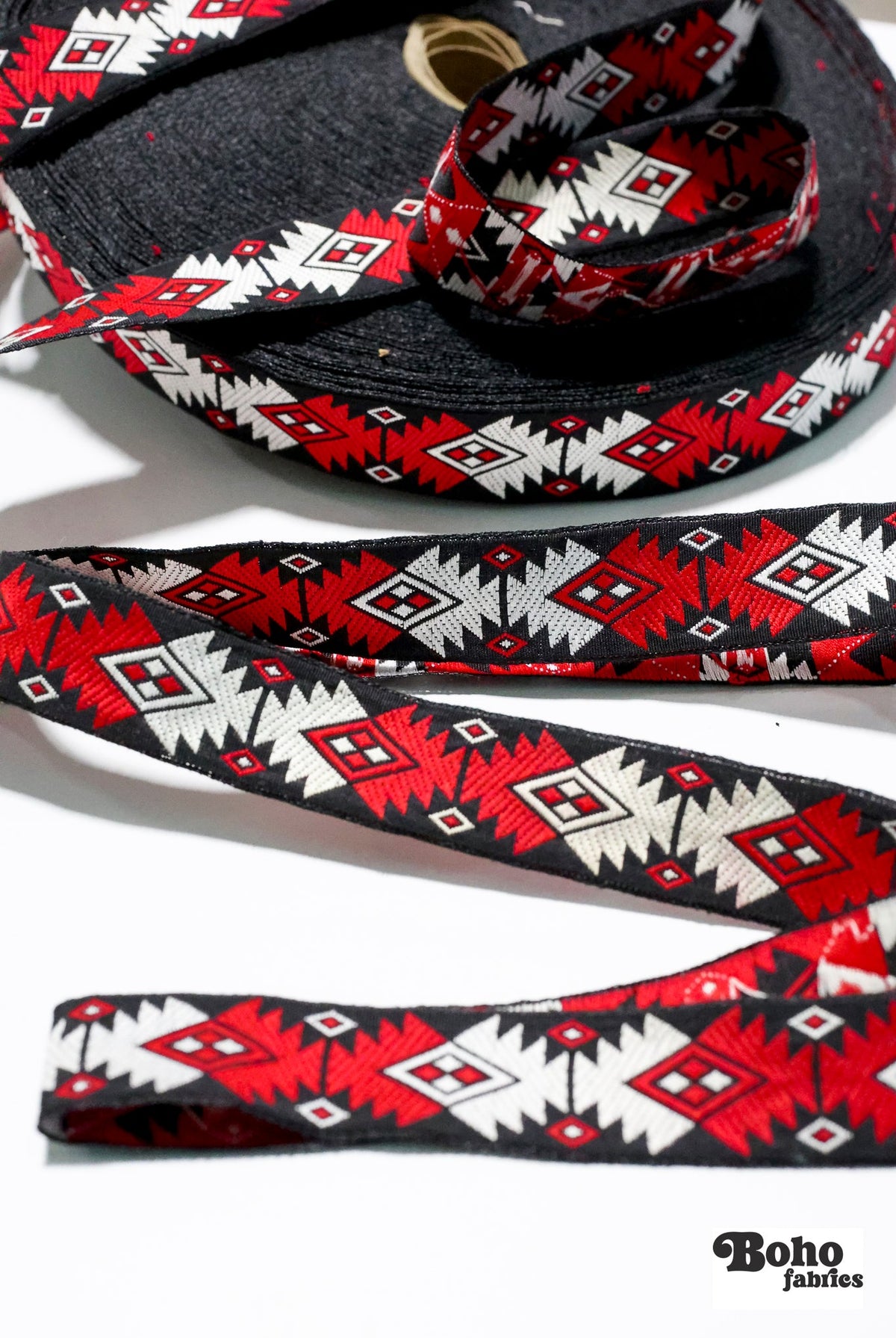 Diamond Firecracker, 1" Red/Black Jacquard Woven TRIM - 007 - Boho Fabrics - Trims
