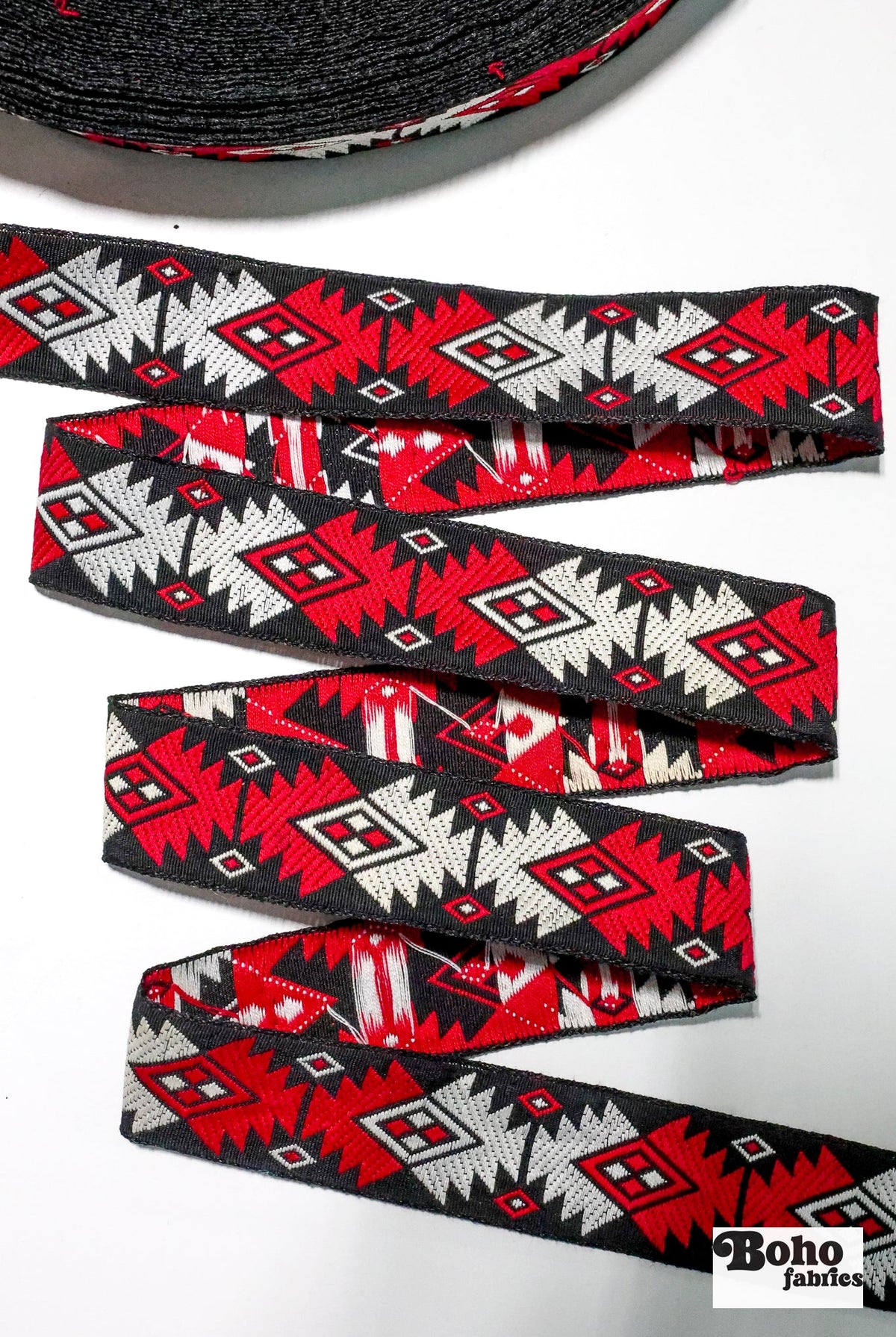 Diamond Firecracker, 1" Red/Black Jacquard Woven TRIM - 007 - Boho Fabrics - Trims