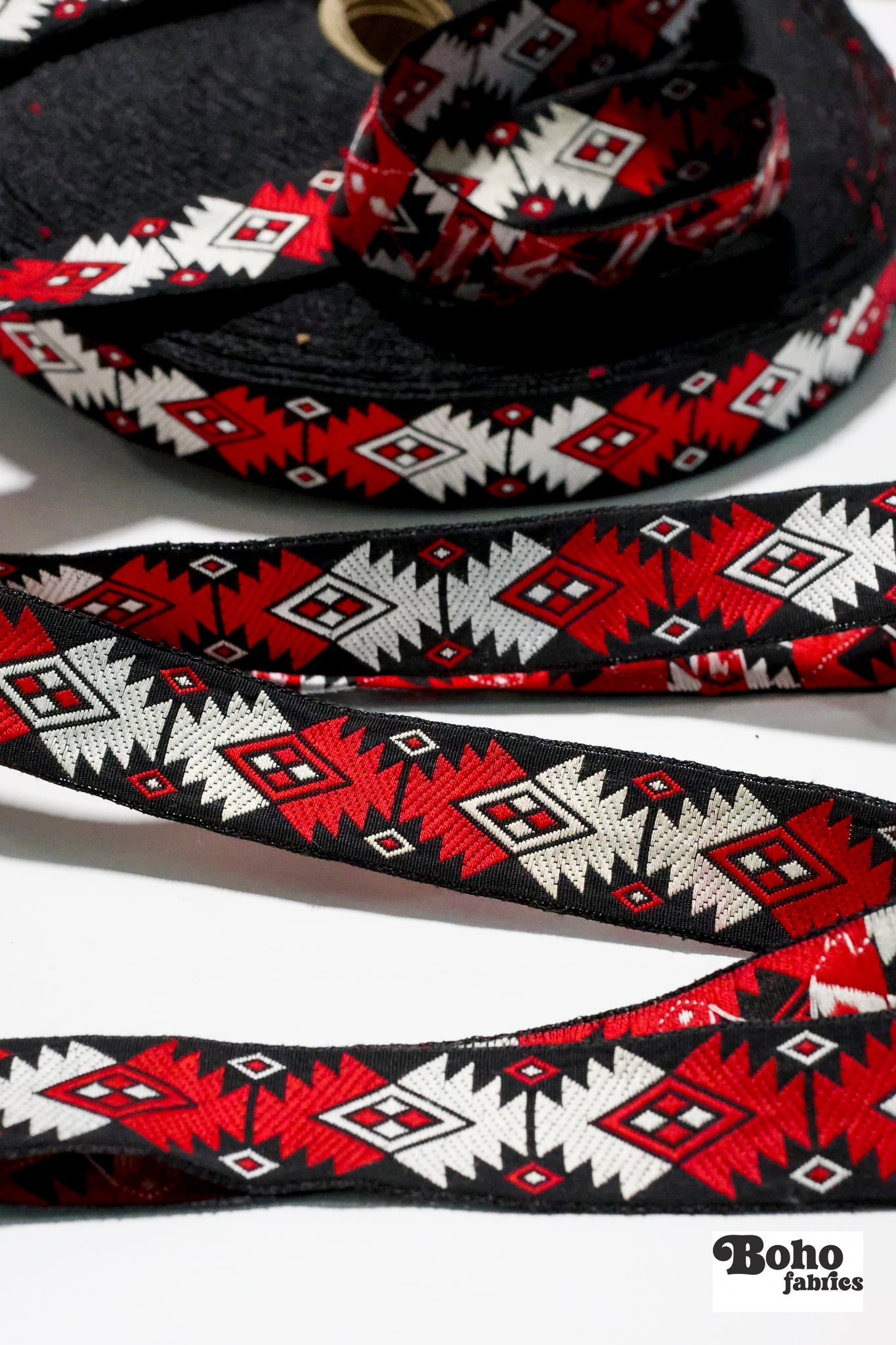 Diamond Firecracker, 1" Red/Black Jacquard Woven TRIM - 007 - Boho Fabrics - Trims