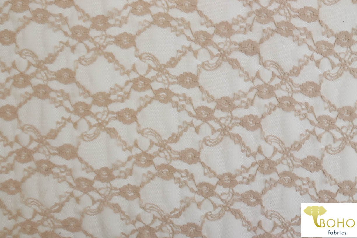 "Diamond Flowers" in Beige. Stretch Lace. SL-110-NDE. - Boho Fabrics