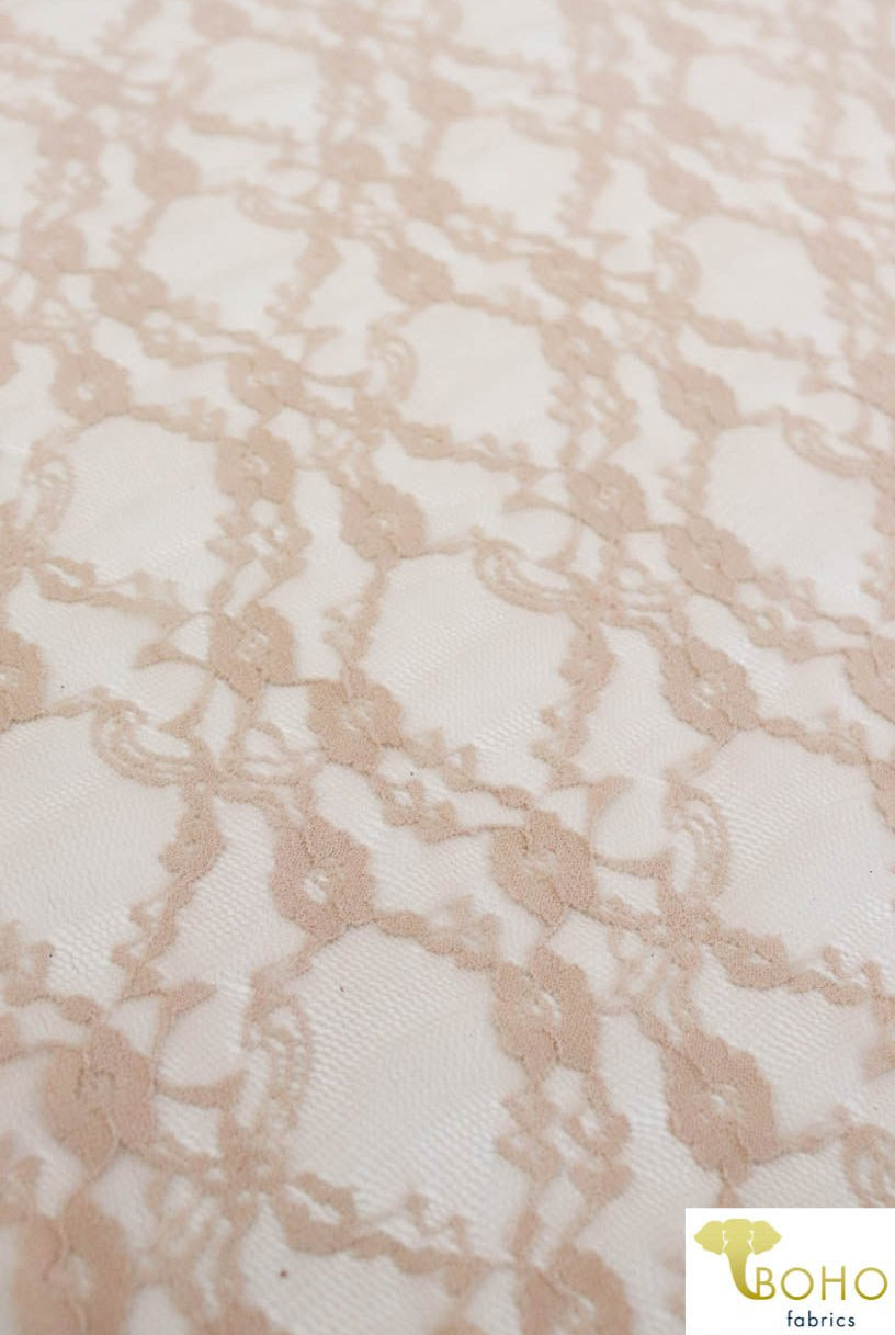 "Diamond Flowers" in Beige. Stretch Lace. SL-110-NDE. - Boho Fabrics