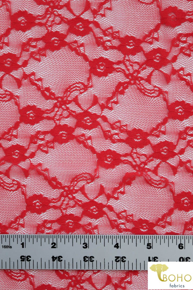 "Diamond Flowers" in Deep Coral. Stretch Lace. SL-110-CRL. - Boho Fabrics