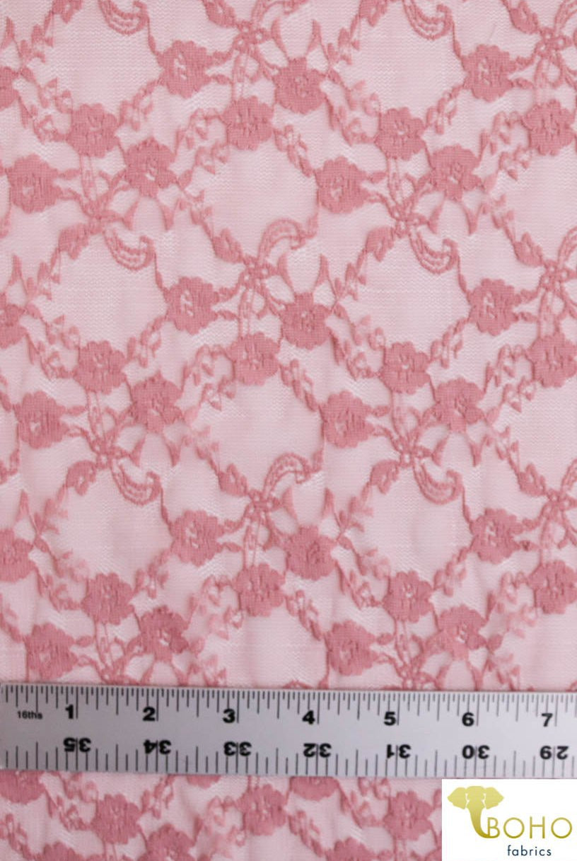 "Diamond Flowers" in Mauve. Stretch Lace. SL-110-MVE. - Boho Fabrics