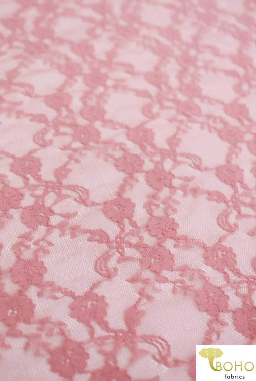 "Diamond Flowers" in Mauve. Stretch Lace. SL-110-MVE. - Boho Fabrics