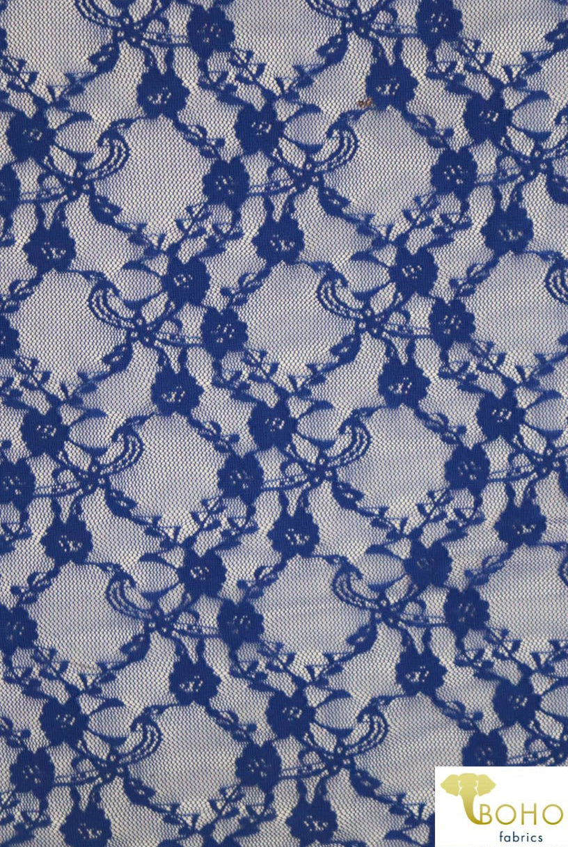 "Diamond Flowers" in Royal Blue. Stretch Lace. SL-110-BLU. - Boho Fabrics