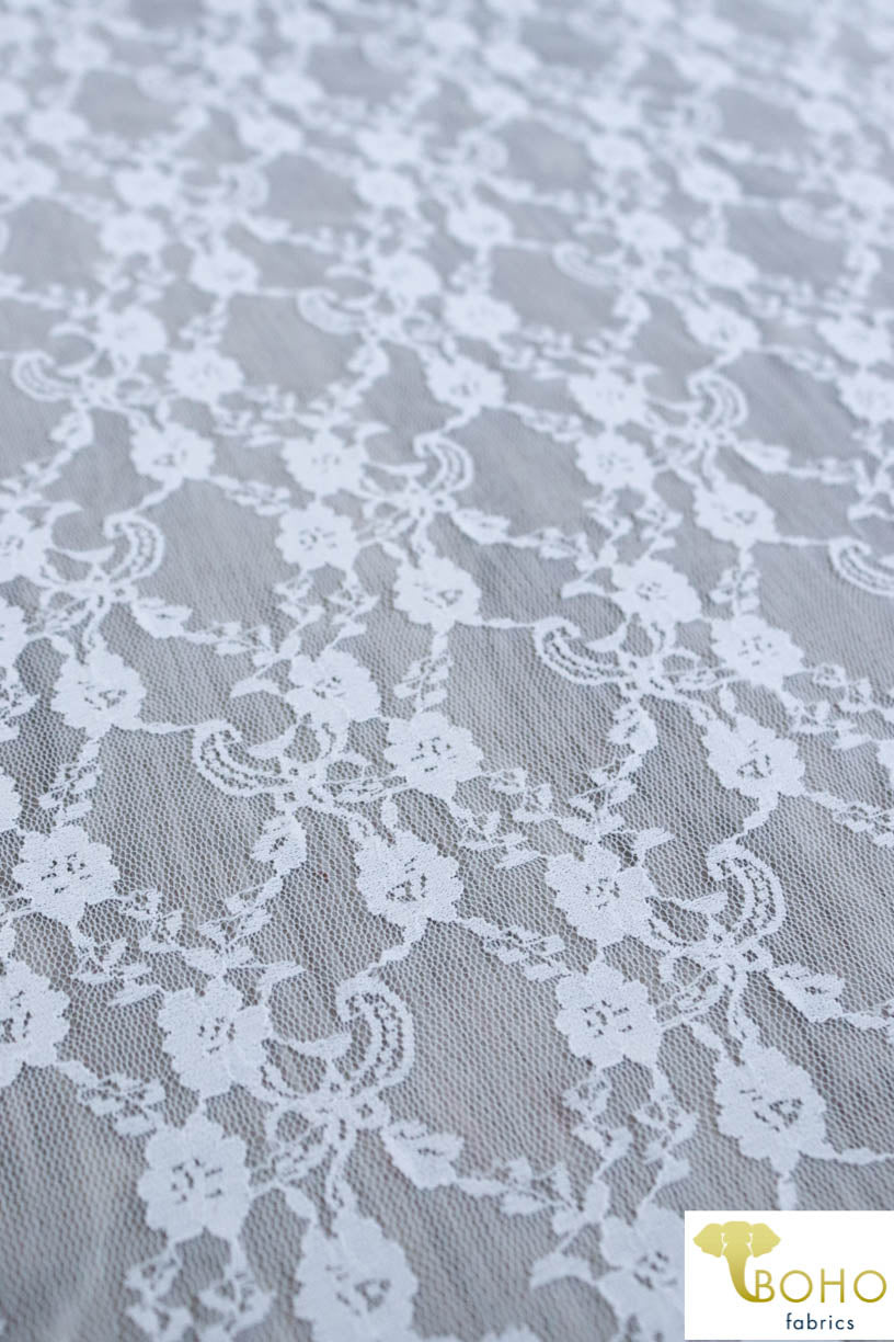 "Diamond Flowers" in White. Stretch Lace. SL-110-WHT. - Boho Fabrics