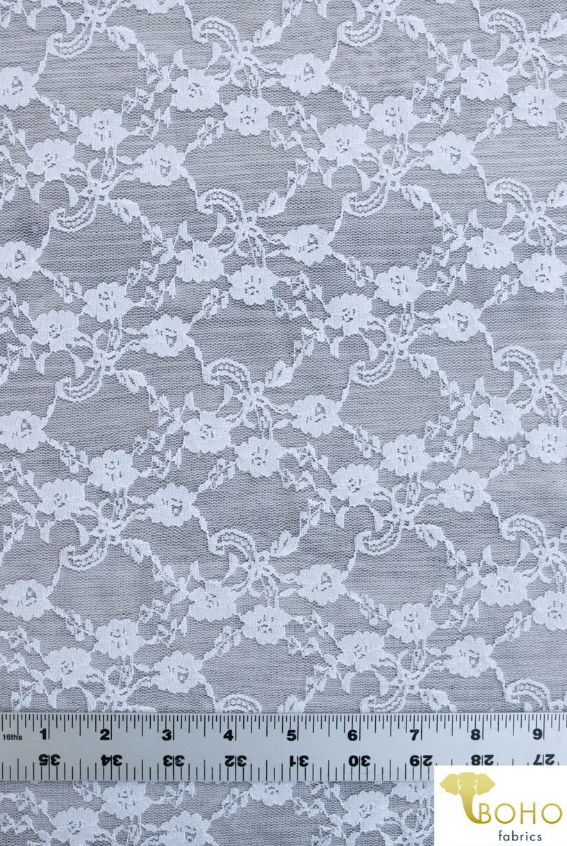 "Diamond Flowers" in White. Stretch Lace. SL-110-WHT. - Boho Fabrics