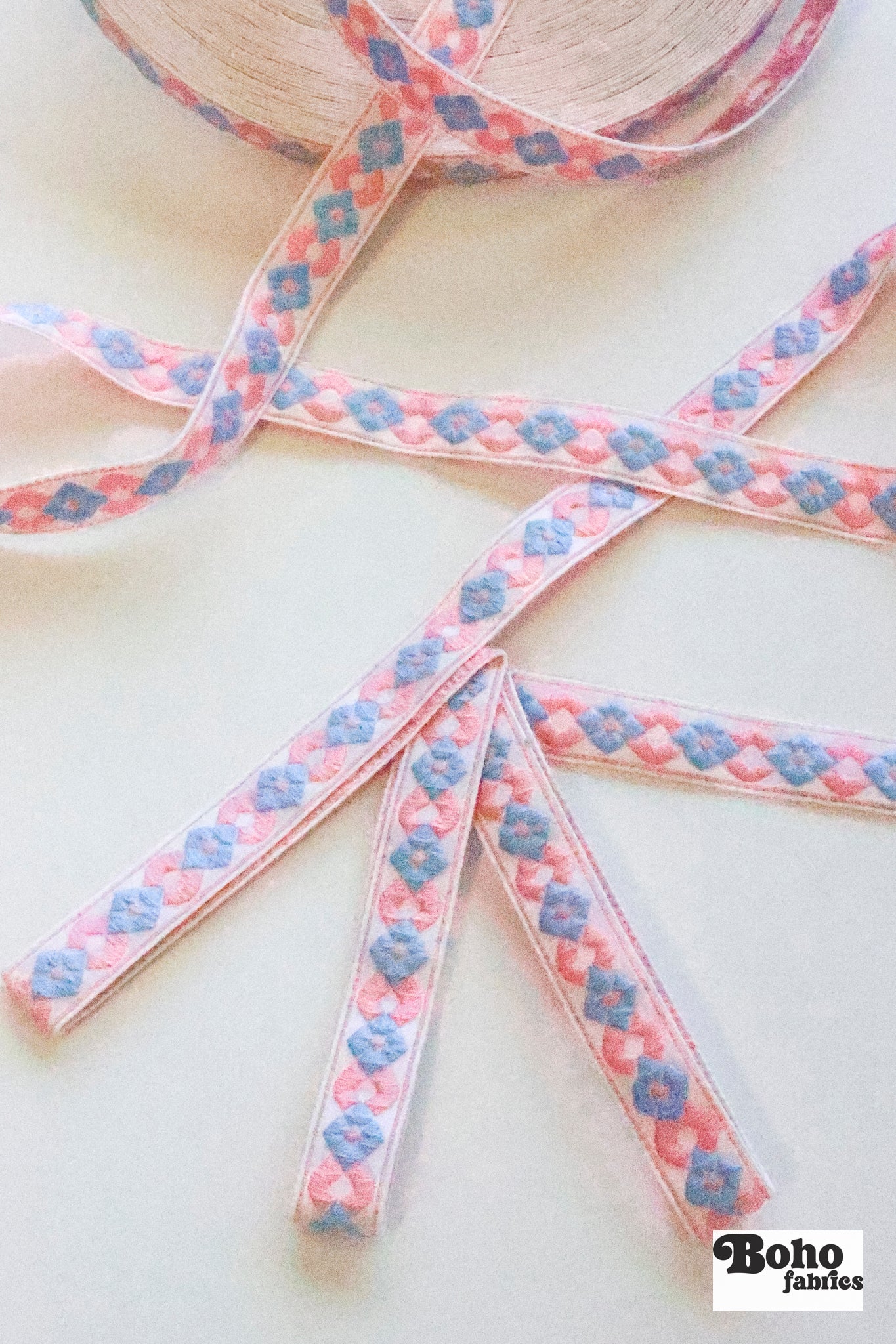 Diamond Link, Pink & Blue 5/8" Vintage Jacquard Ribbon, TRIM - 077 - Boho Fabrics - Trims
