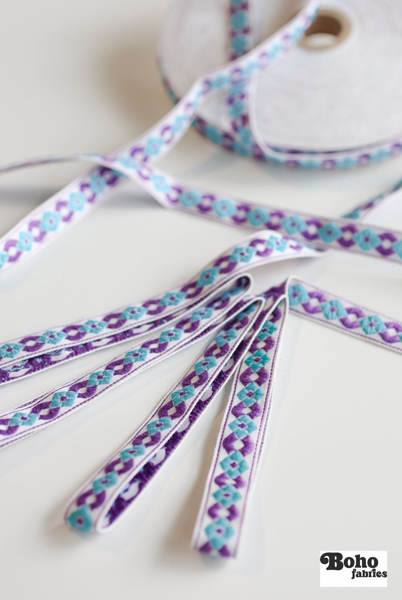 Diamond Link, Purple & Aqua 5/8" Vintage Jacquard Ribbon. TRIM - 076 - Boho Fabrics - Trims