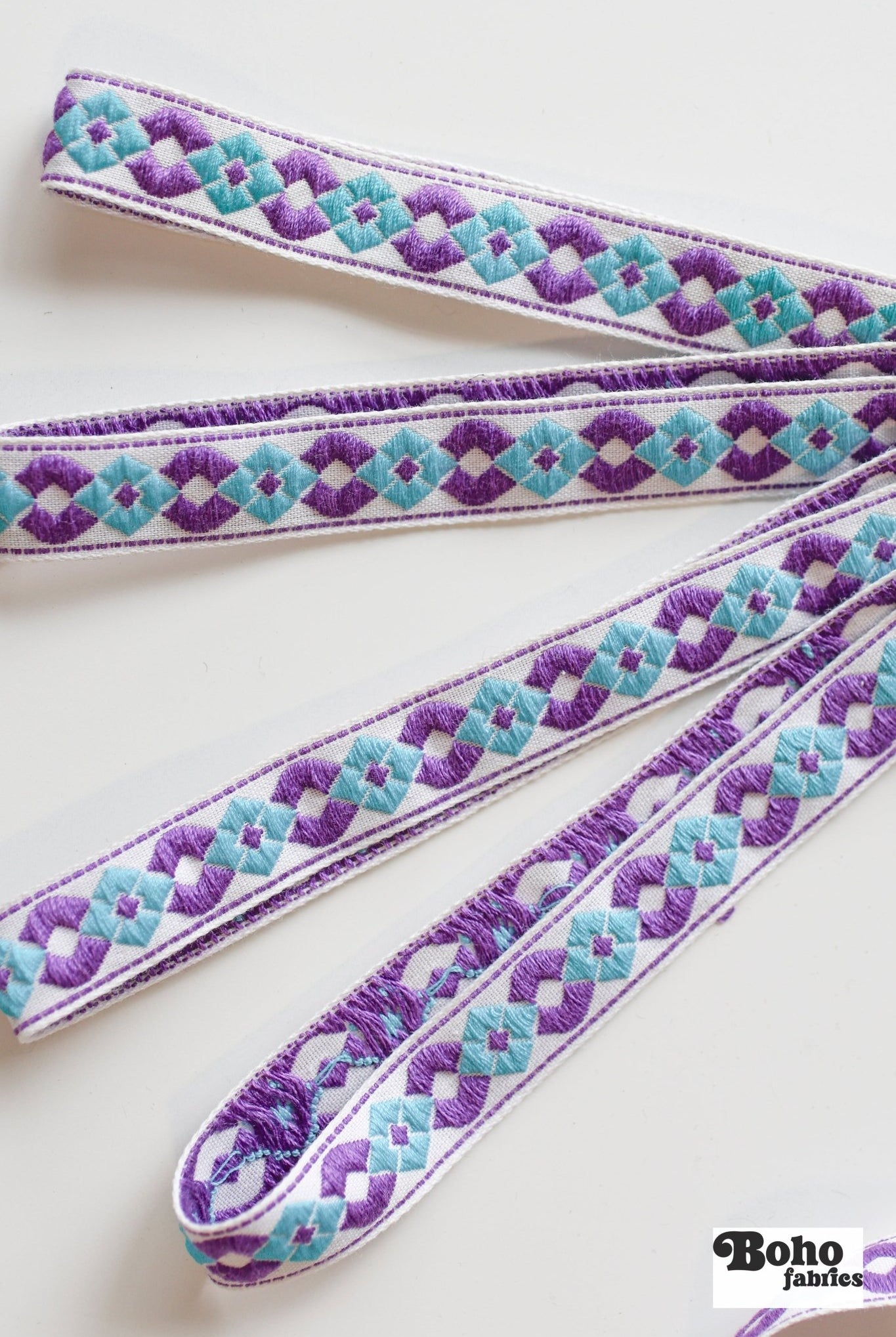 Diamond Link, Purple & Aqua 5/8" Vintage Jacquard Ribbon. TRIM - 076 - Boho Fabrics - Trims