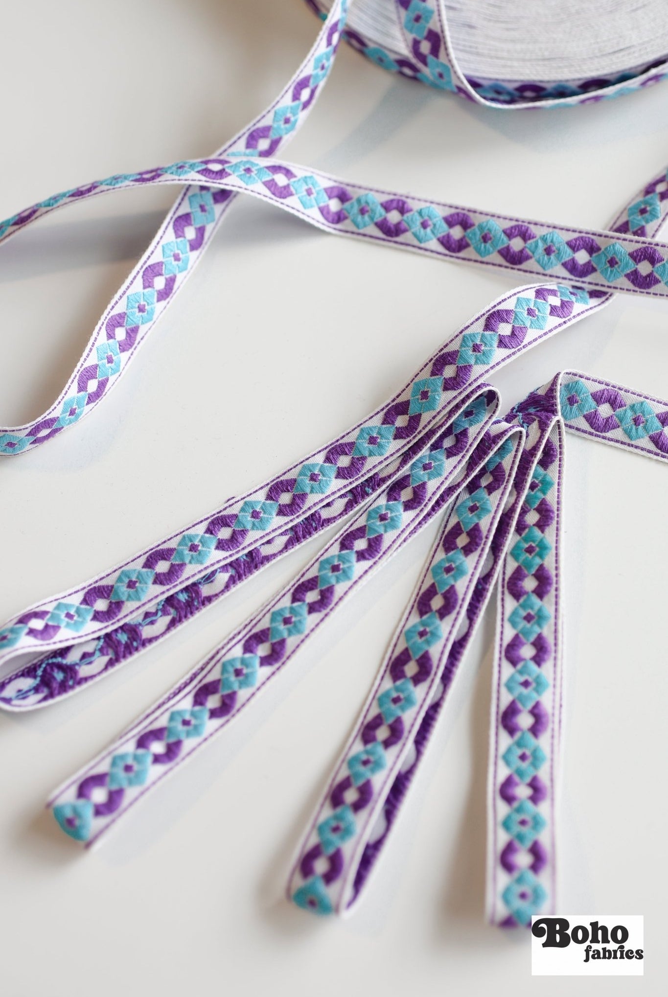 Diamond Link, Purple & Aqua 5/8" Vintage Jacquard Ribbon. TRIM - 076 - Boho Fabrics - Trims