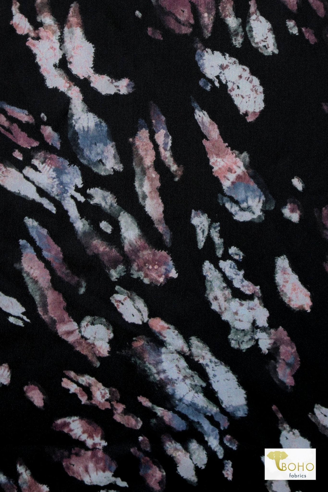Dusty Purple Droplets On Black, Printed Swim Knit Fabric. - Boho Fabrics