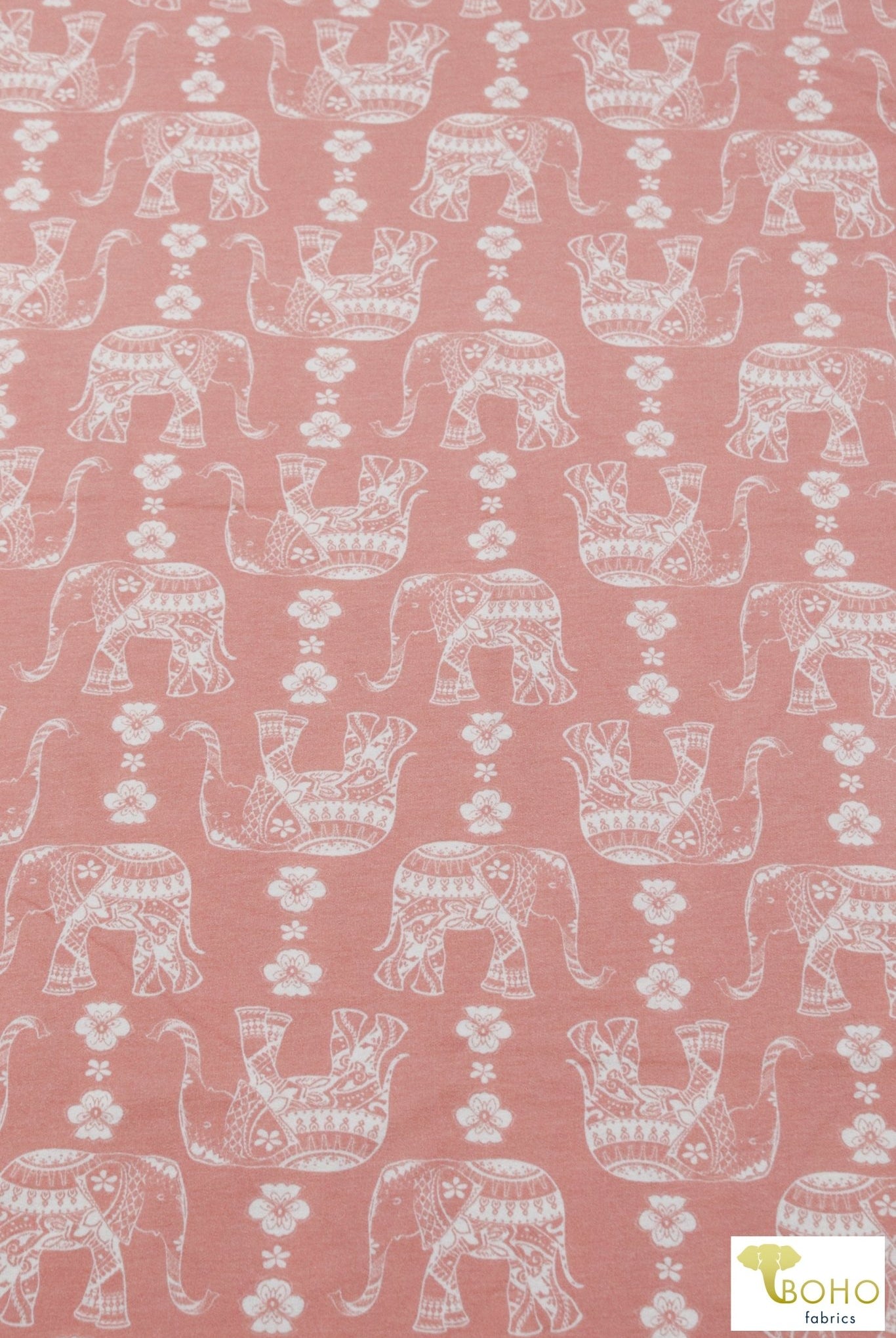 Elephant Parade on Blush Peach, French Terry Knit Print. FTP-326-PNK - Boho Fabrics