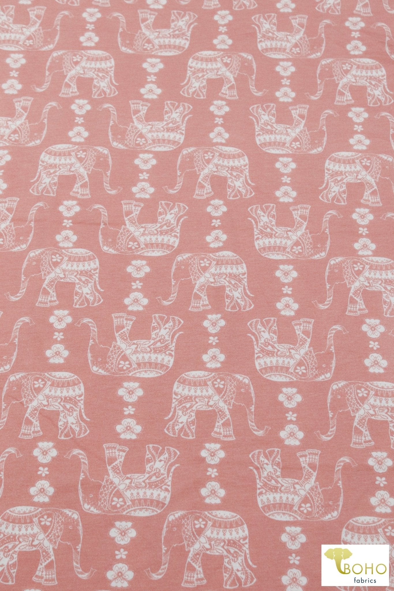 Elephant Parade on Blush Peach, French Terry Knit Print. FTP-326-PNK - Boho Fabrics
