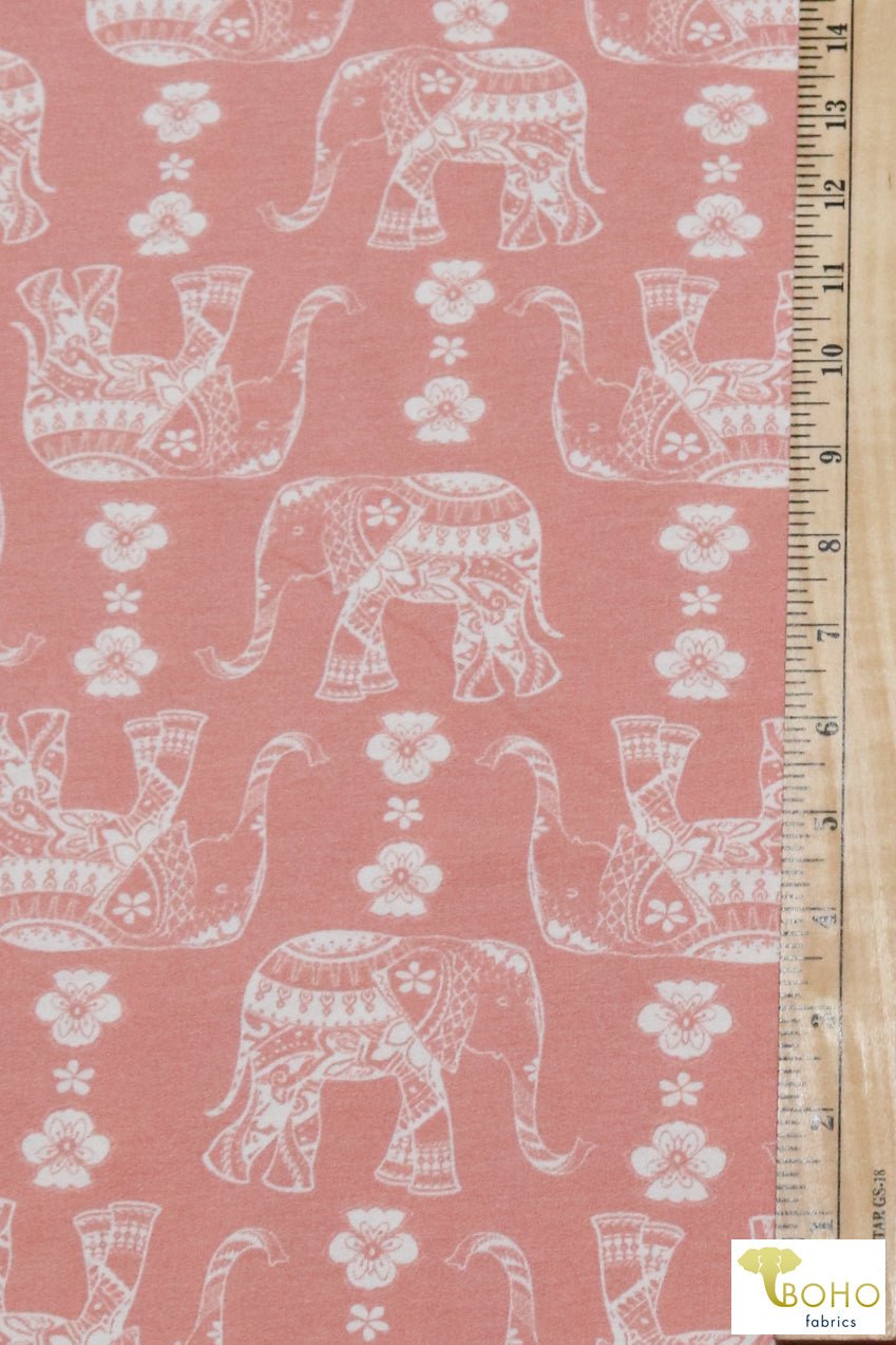 Elephant Parade on Blush Peach, French Terry Knit Print. FTP-326-PNK - Boho Fabrics