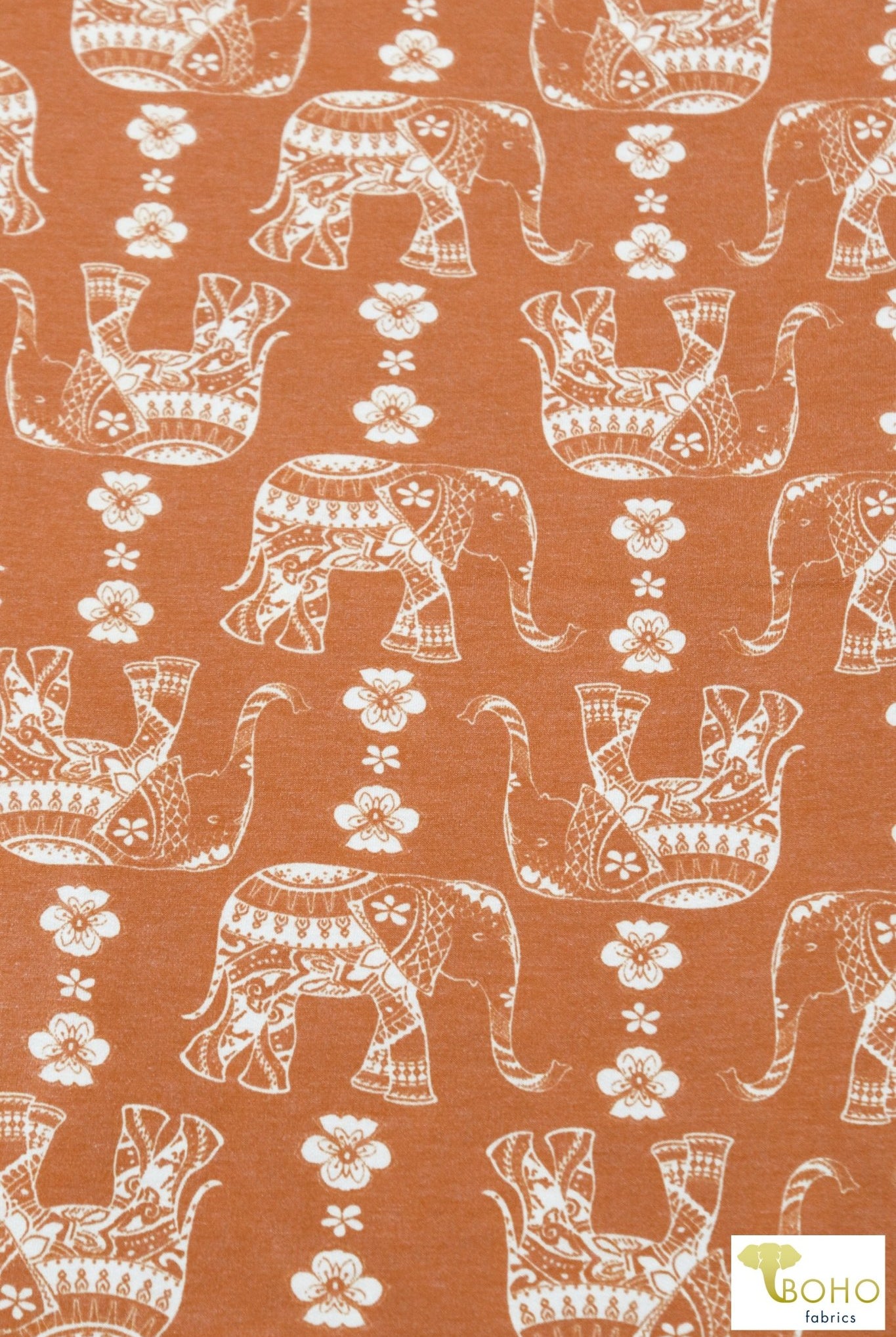 Elephant Parade on Desert Sun Orange French Terry Knit Print. FTP-326-ORG - Boho Fabrics