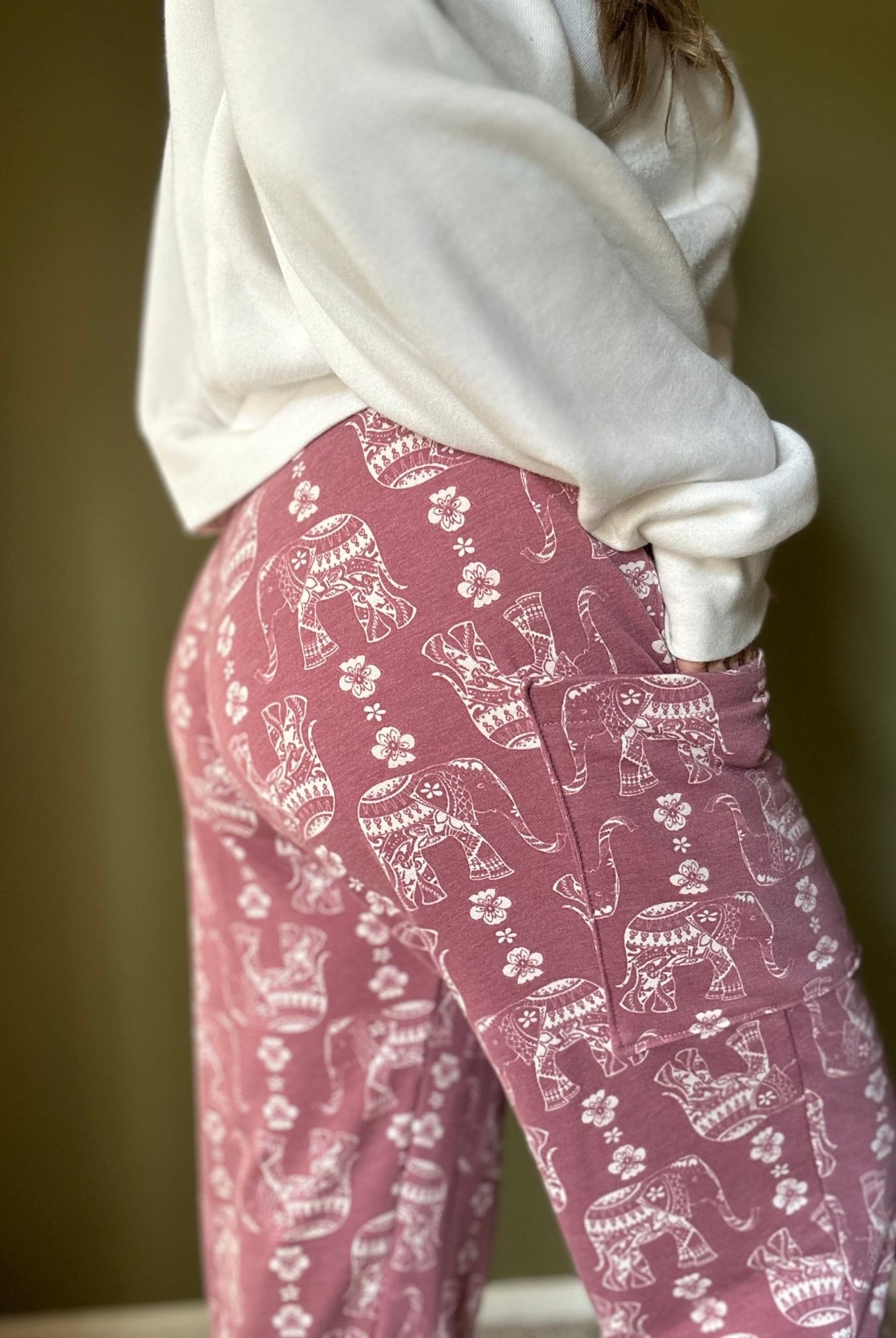 Elephant Parade on Dusty Raspberry, French Terry Knit Print. FTP - 326 - RASP - Boho Fabrics - French Terry Prints, Knit Fabric