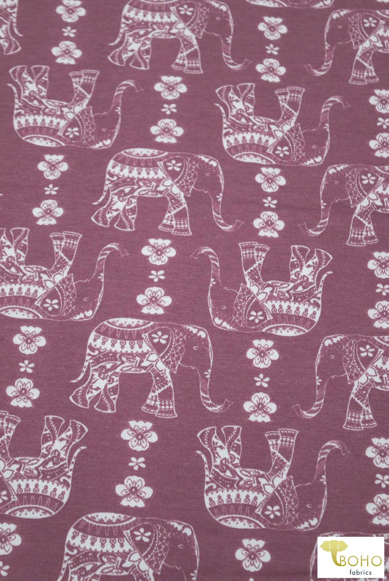 Elephant Parade on Dusty Raspberry, French Terry Knit Print. FTP-326-RASP - Boho Fabrics