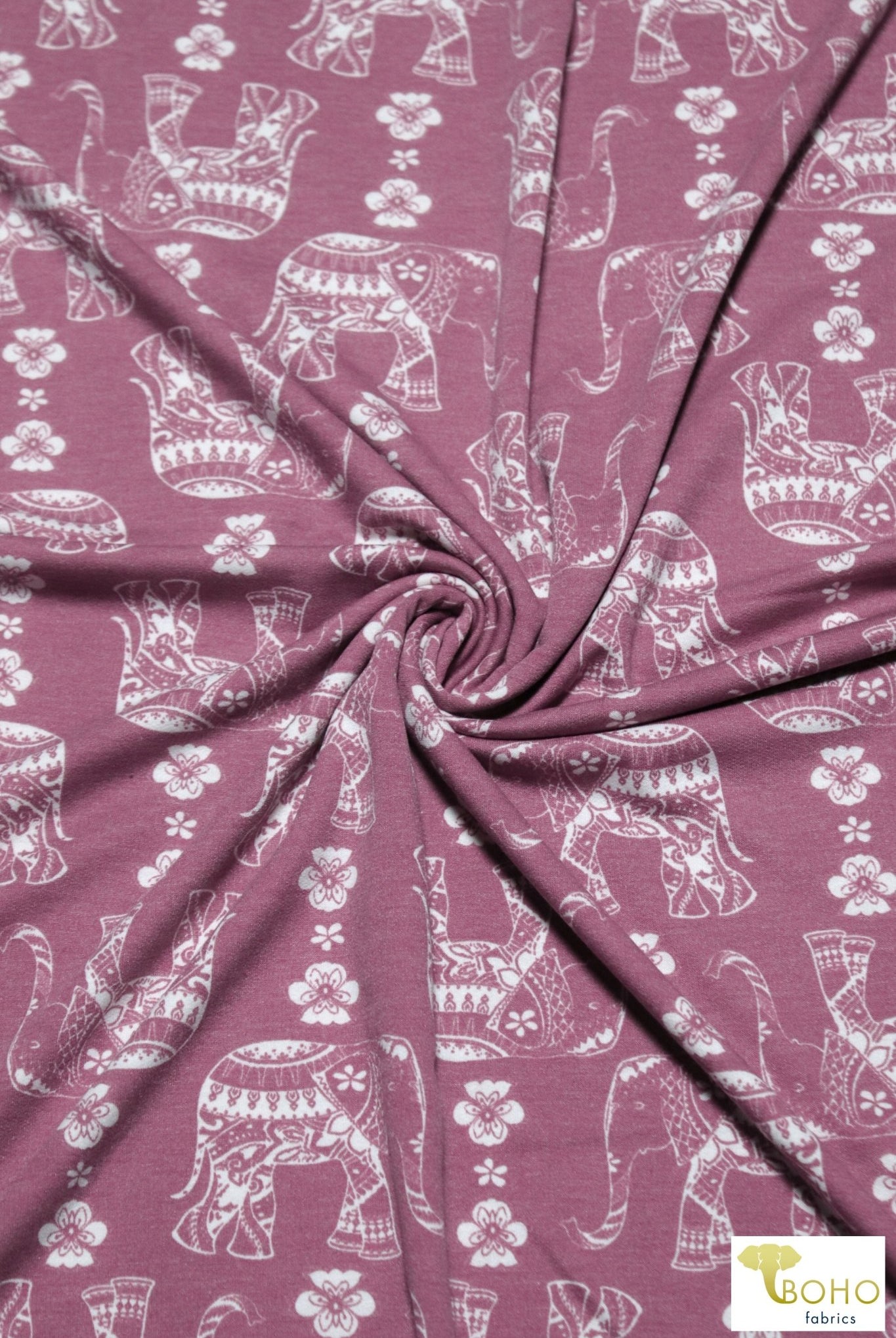 Elephant Parade on Dusty Raspberry, French Terry Knit Print. FTP-326-RASP - Boho Fabrics