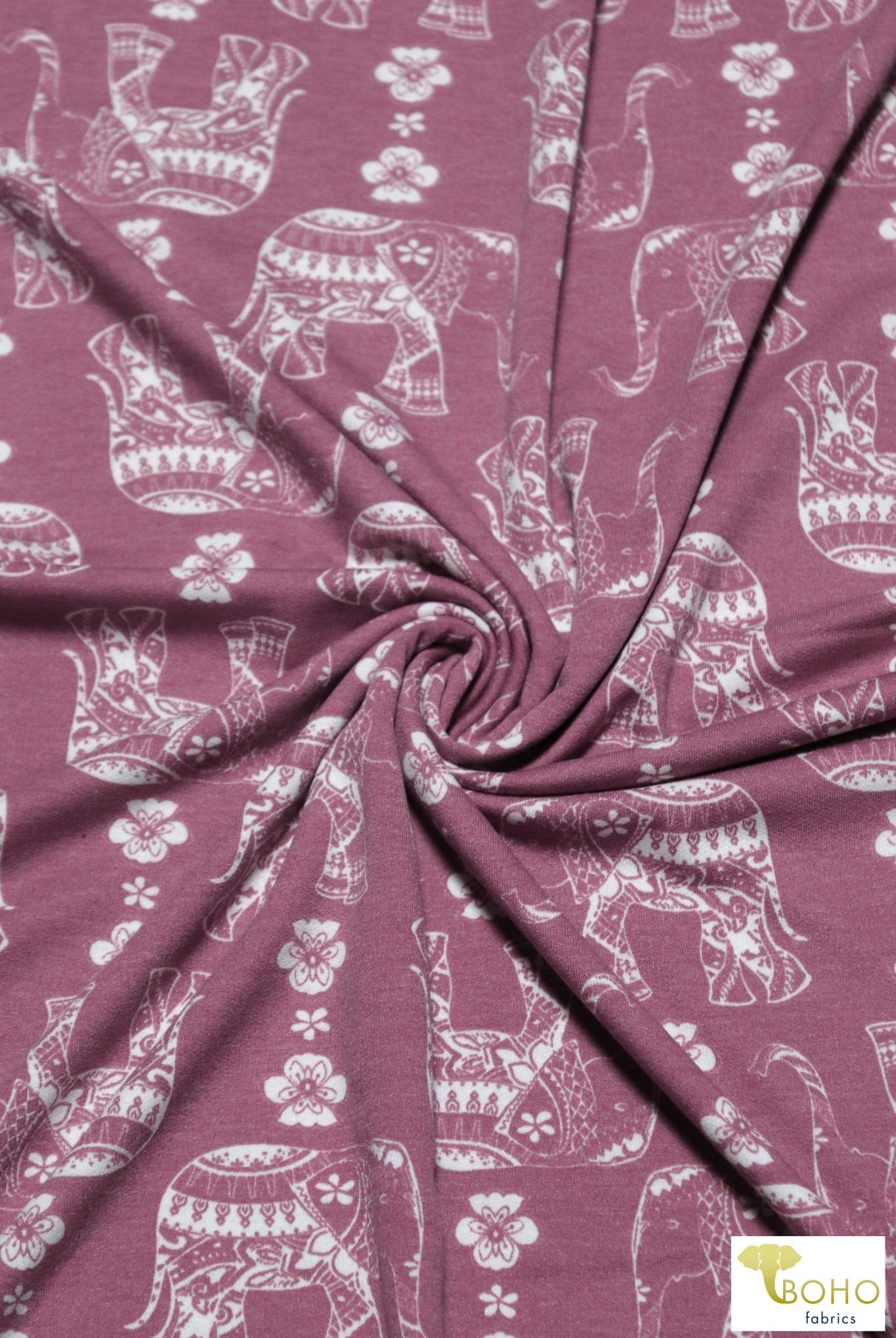 Elephant Parade on Dusty Raspberry, French Terry Knit Print. FTP-326-RASP - Boho Fabrics