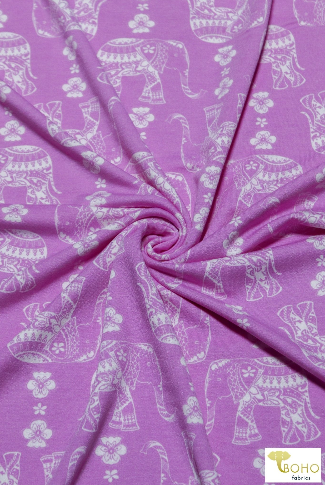 Elephant Parade on Fuchsia, French Terry Knit Print. FTP-326-FSH - Boho Fabrics