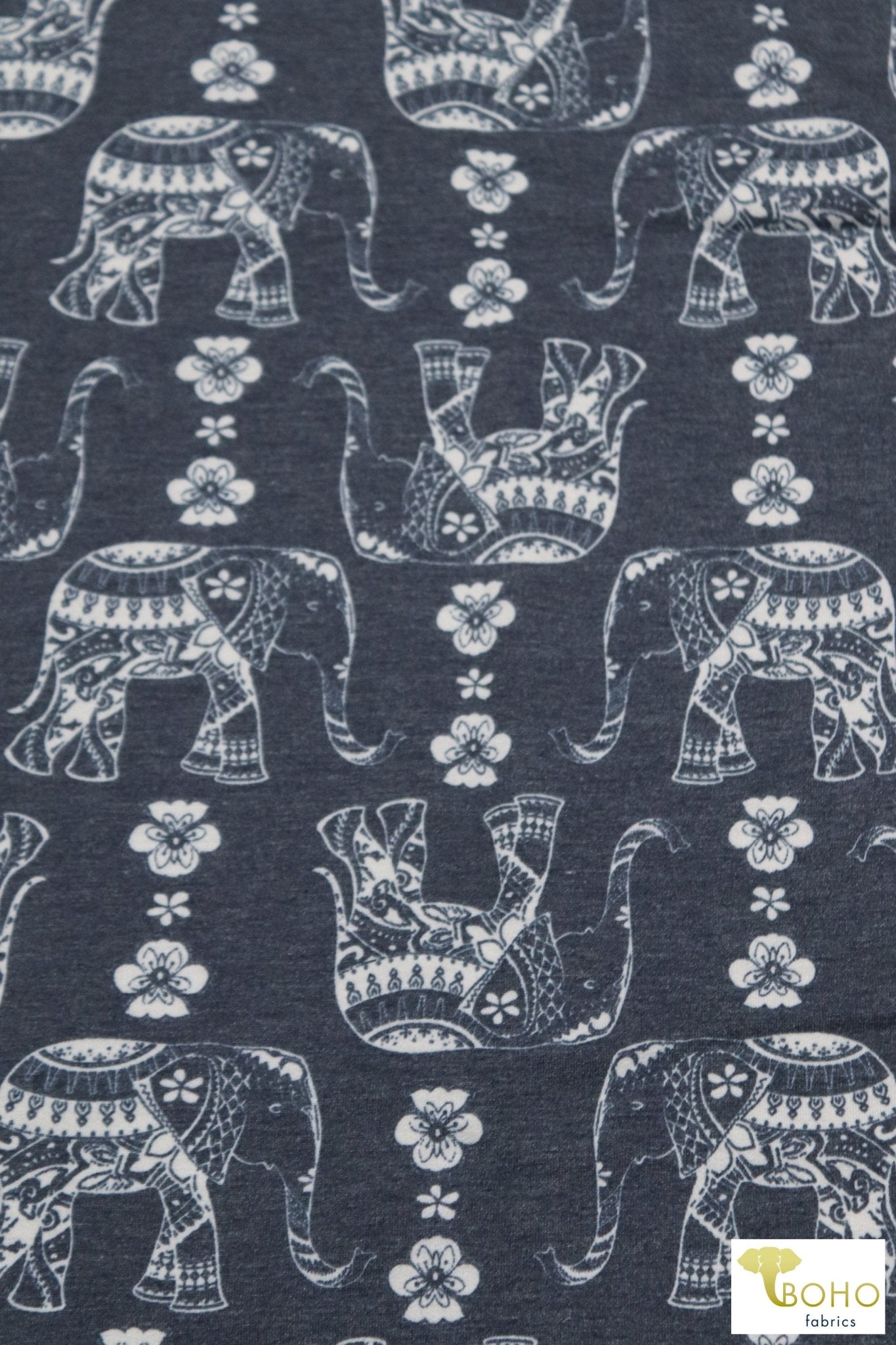 Elephant Parade on Navy, French Terry Knit Print. FTP-326-NVY - Boho Fabrics