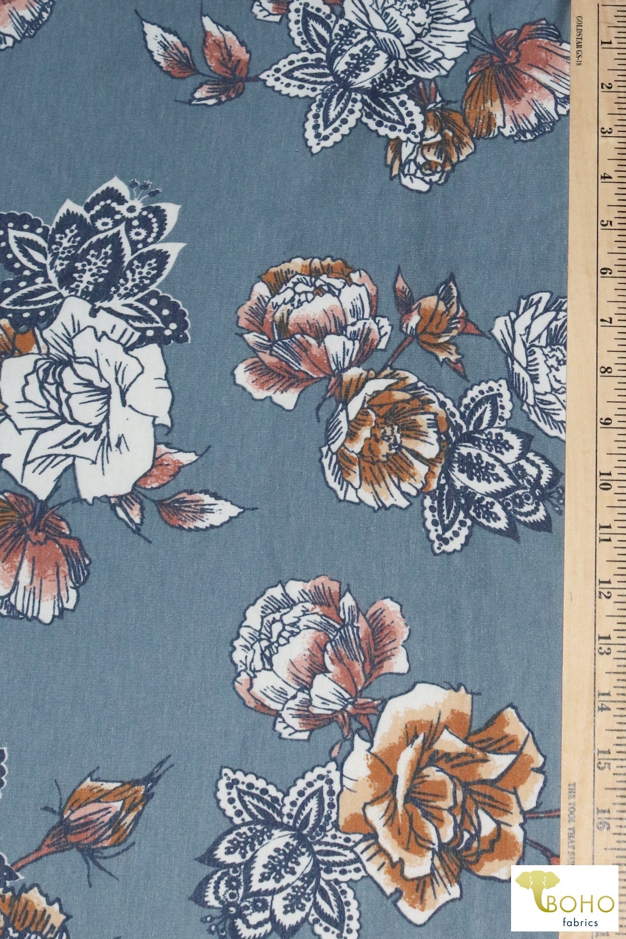Elyse Florals on Country Blue, French Terry Knit Print. FTP-322-C.BLU - Boho Fabrics