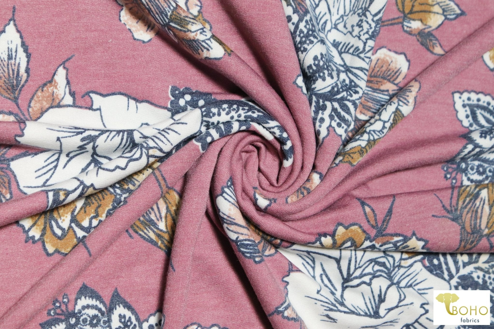 Elyse Florals on Mauve, French Terry Knit Print. FTP-322-PNK - Boho Fabrics