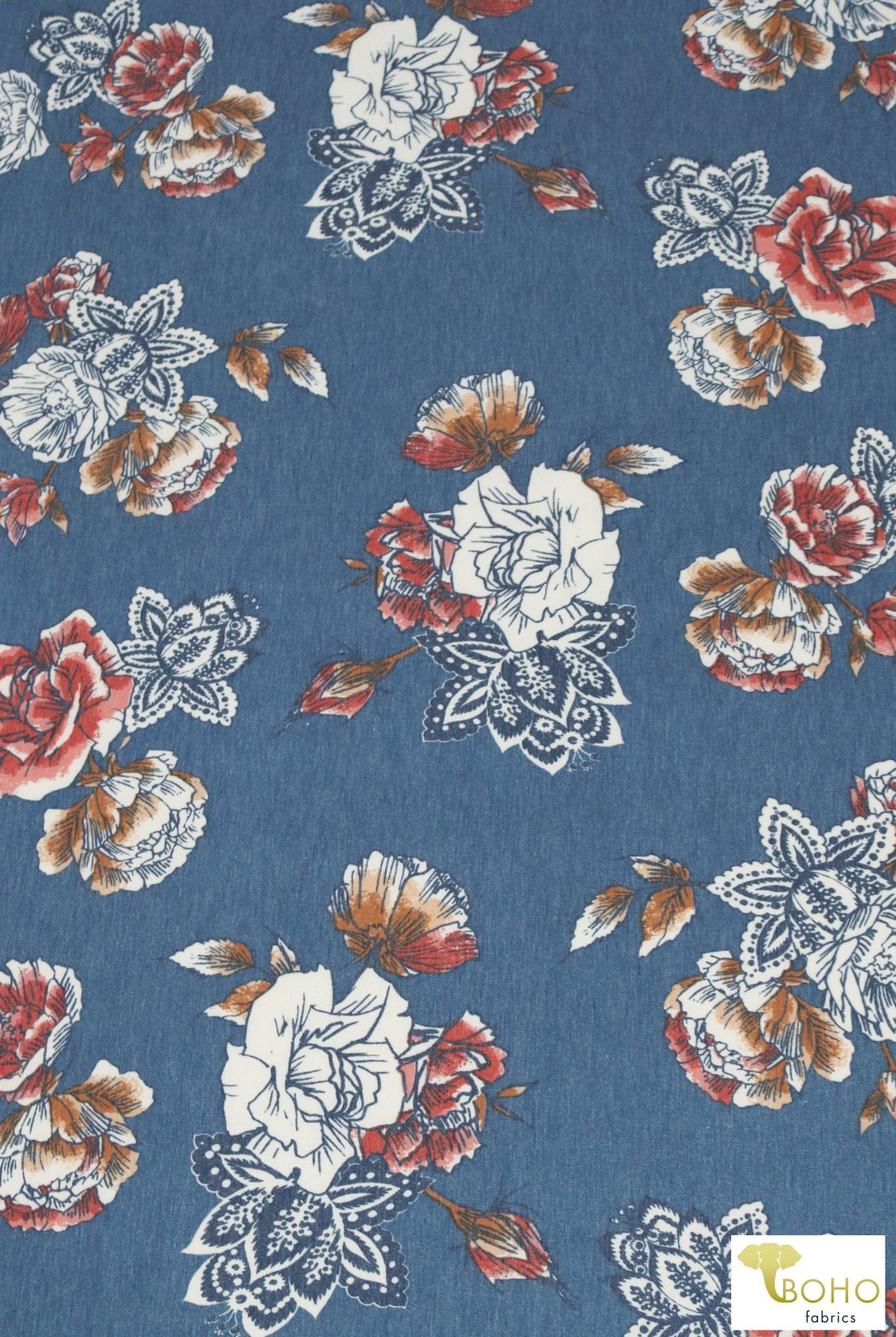 Elyse Florals on Royal Navy, French Terry Knit Print. FTP-322-NVY - Boho Fabrics