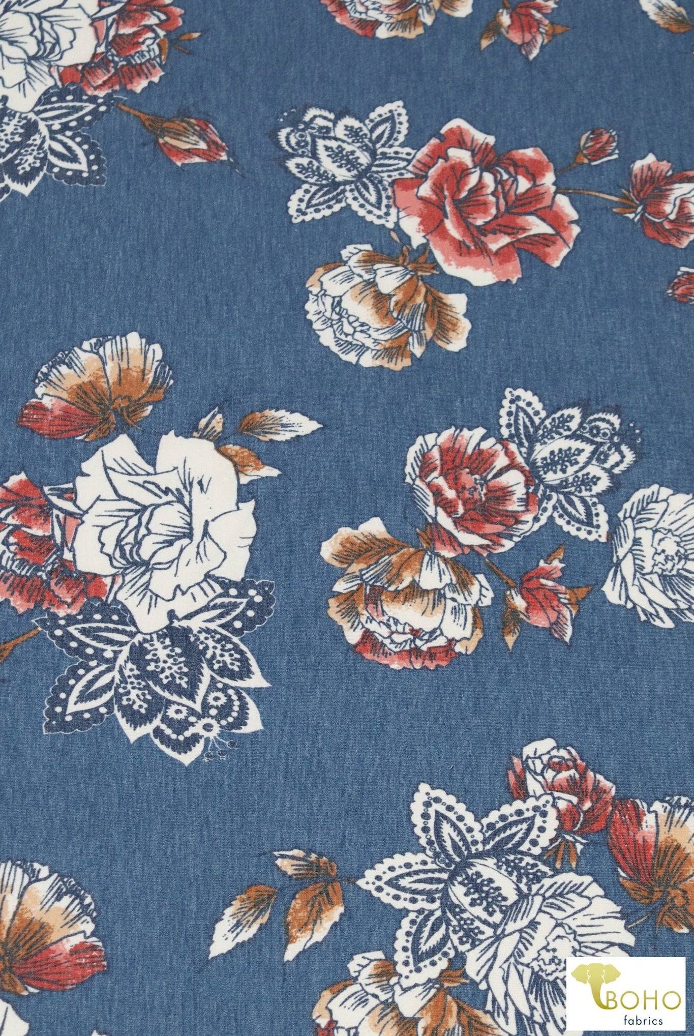 Elyse Florals on Royal Navy, French Terry Knit Print. FTP-322-NVY - Boho Fabrics