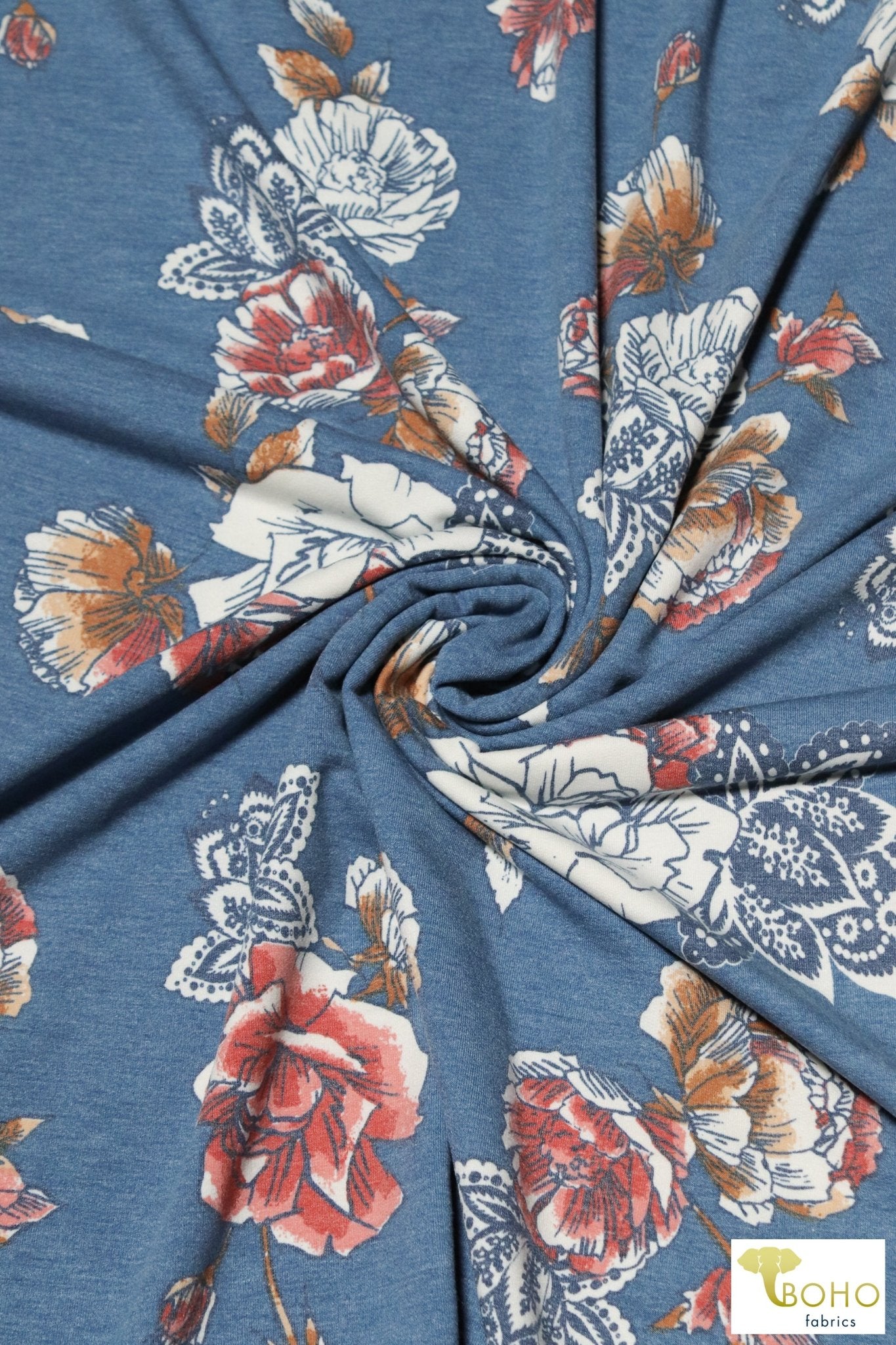 Elyse Florals on Royal Navy, French Terry Knit Print. FTP-322-NVY - Boho Fabrics