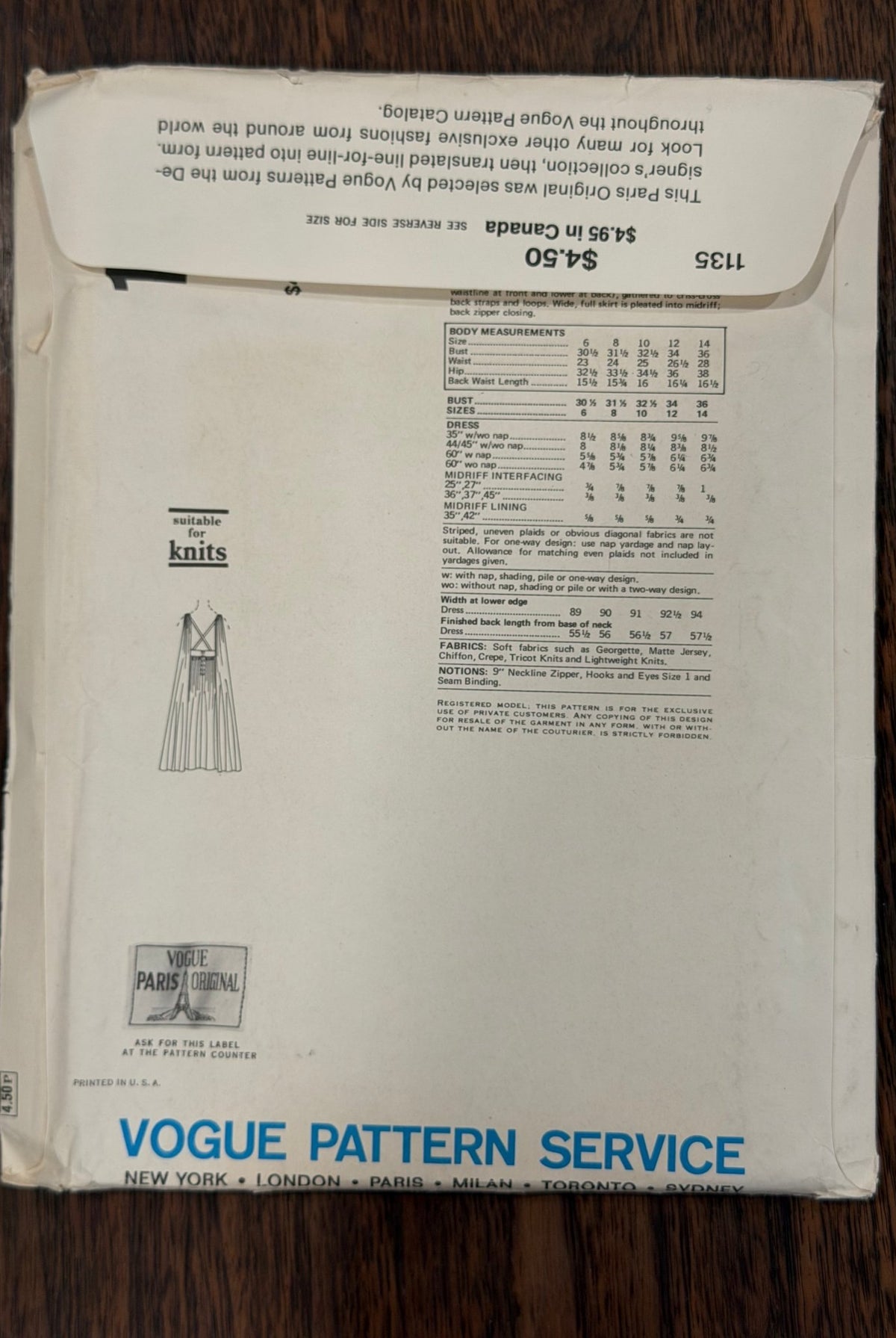 Emanuel Ungaro | Vogue Paris Original Sewing Pattern #1135 — Evening Gown with Criss-Cross Back Straps, Size 10, Vintage 1974, with Original Vogue Sew-In Label - Boho Fabrics - Sewing Patterns