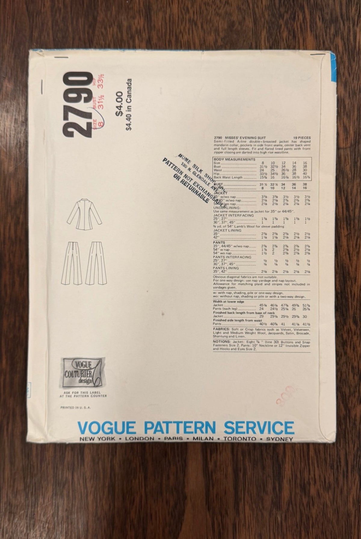 Emilio Pucci | Vogue Couturier Design Sewing Pattern #2790 — Double-Breasted Evening Suit with Flared Pants, Size 8, Vintage 1972, with Original Vogue Sew-In Label - Boho Fabrics - Sewing Patterns