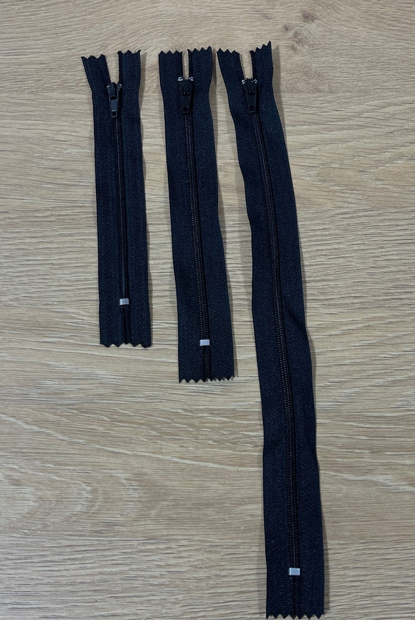 Essential Coil, 3 Black Nylon Zippers. Size 5", 6", 10", 25" (Deadstock) - Boho Fabrics - Zippers
