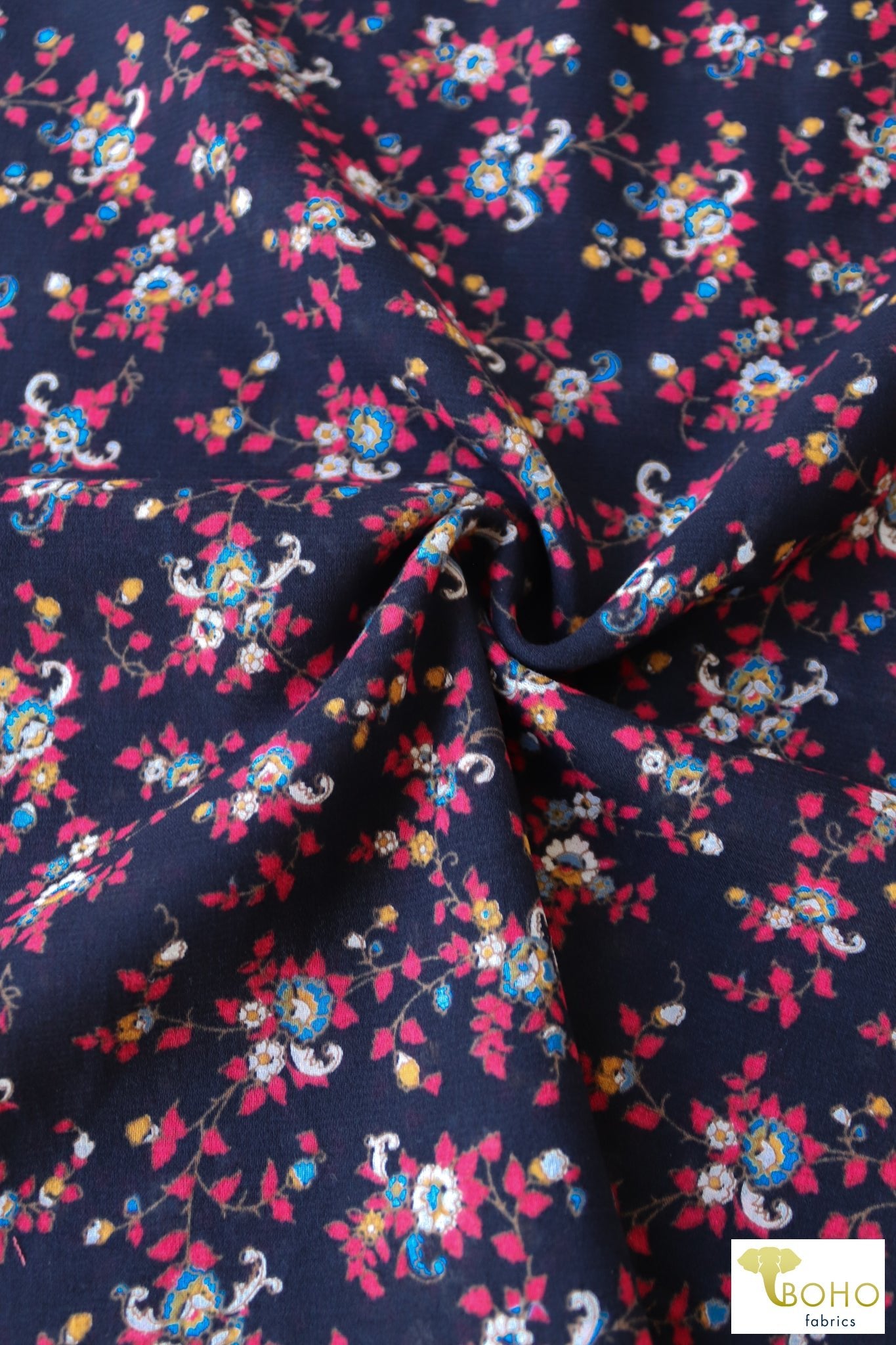 Evening Blooms on Navy Blue. Cotton Woven Fabric WVP-239 - Boho Fabrics
