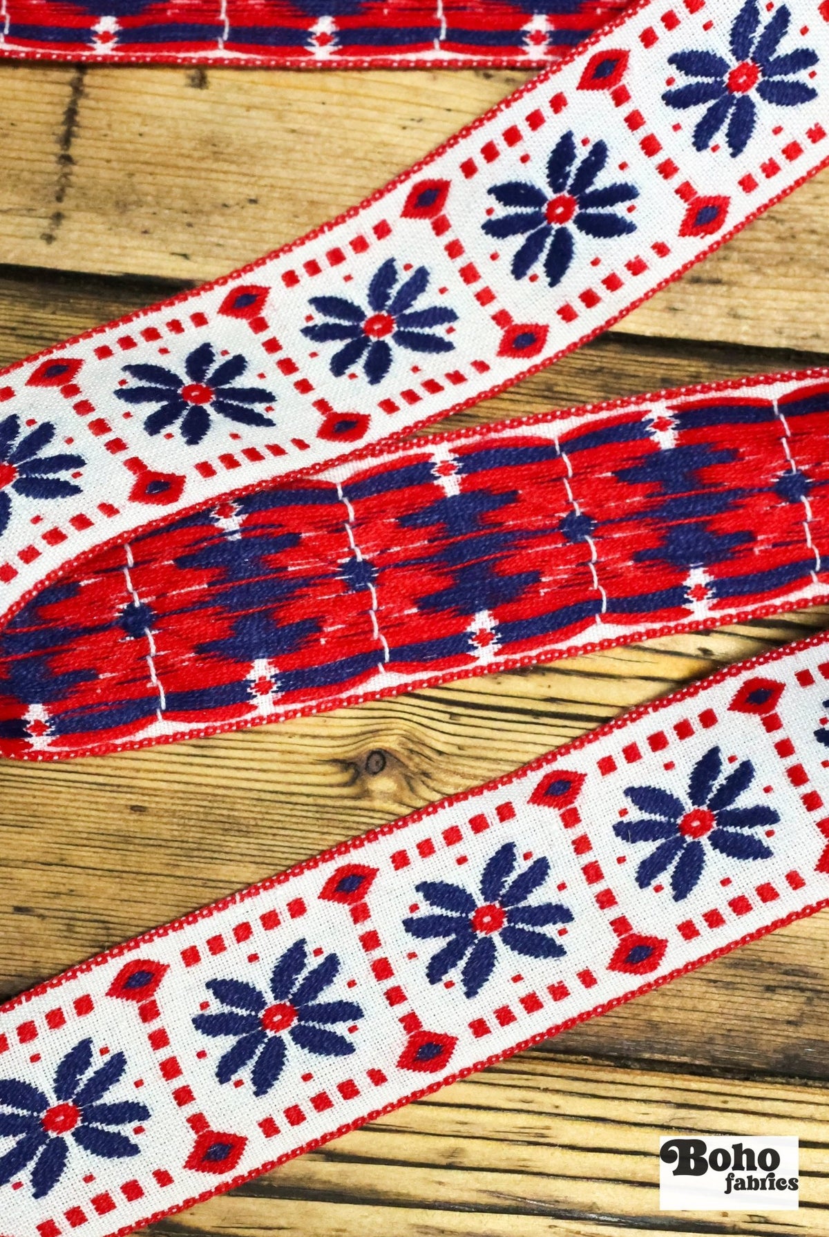 Floral Frames in Red/White/Blue, 1.5" Jacquard Woven Trim. TRIM - 008 - Boho Fabrics - Trims