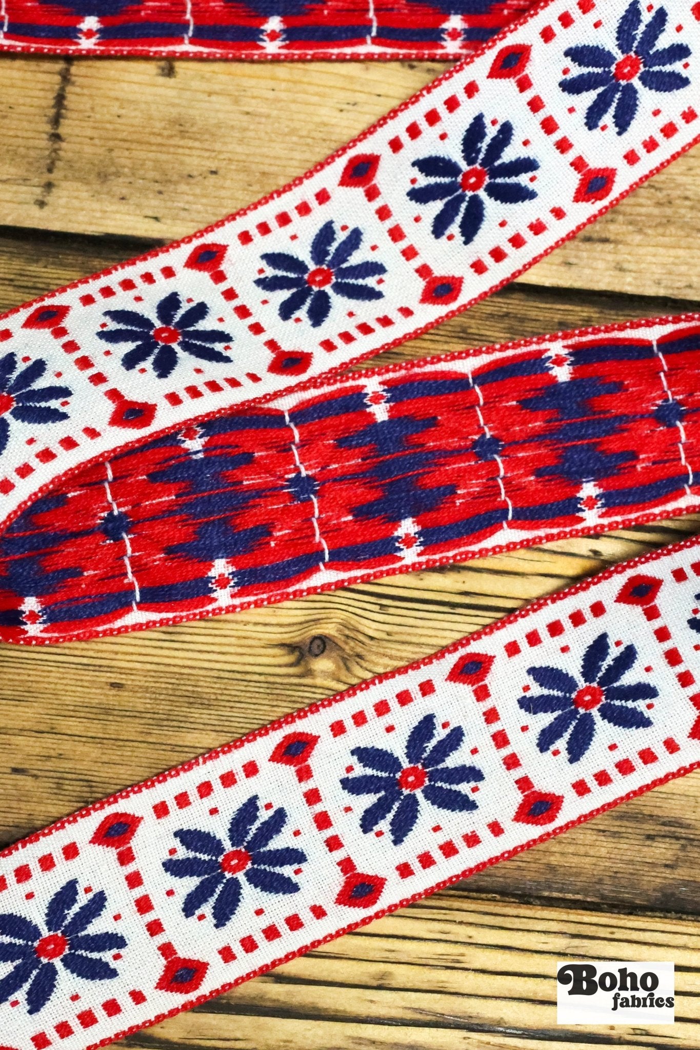 Floral Frames in Red/White/Blue, 1.5" Jacquard Woven Trim. TRIM - 008 - Boho Fabrics - Trims