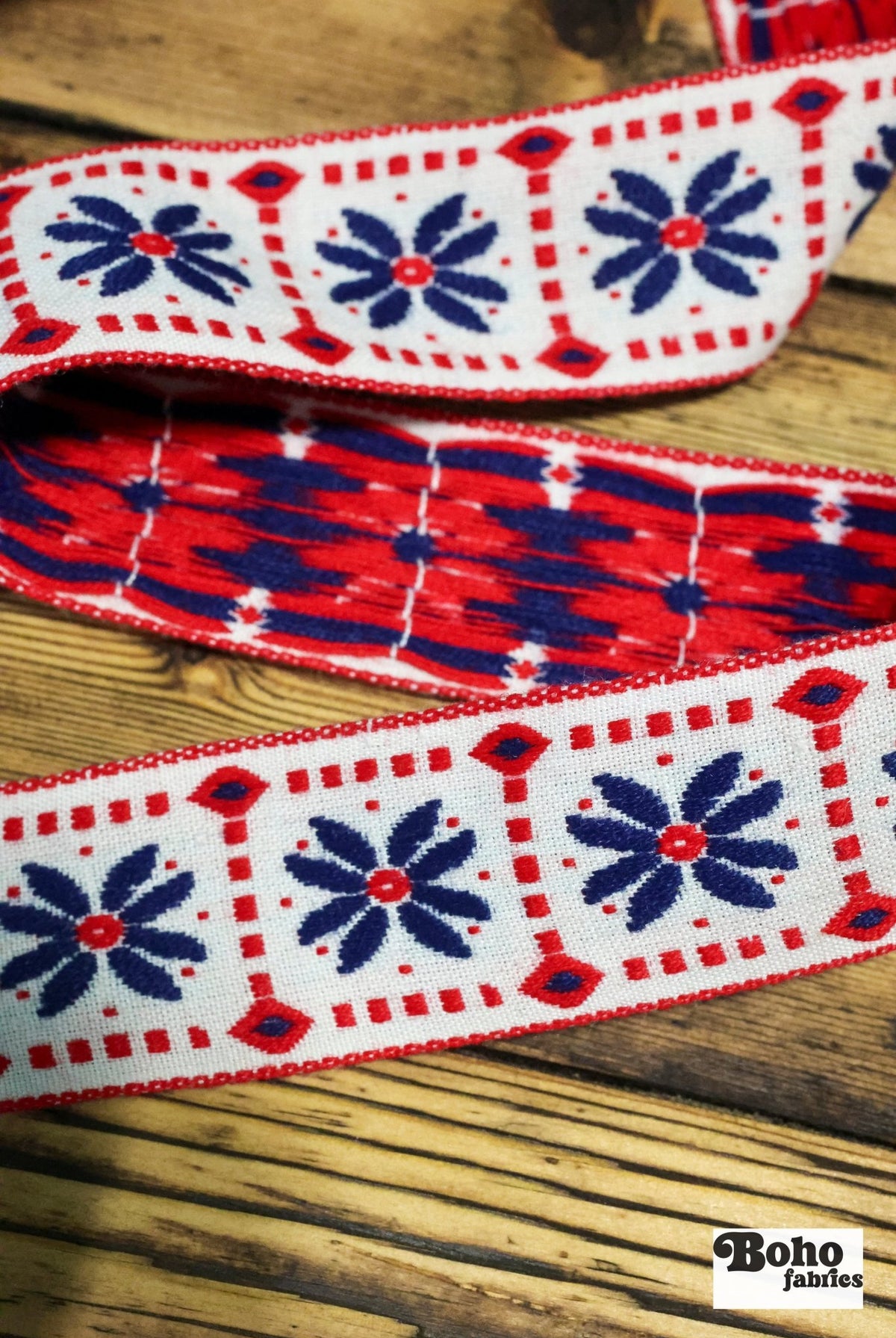 Floral Frames in Red/White/Blue, 1.5" Jacquard Woven Trim. TRIM - 008 - Boho Fabrics - Trims