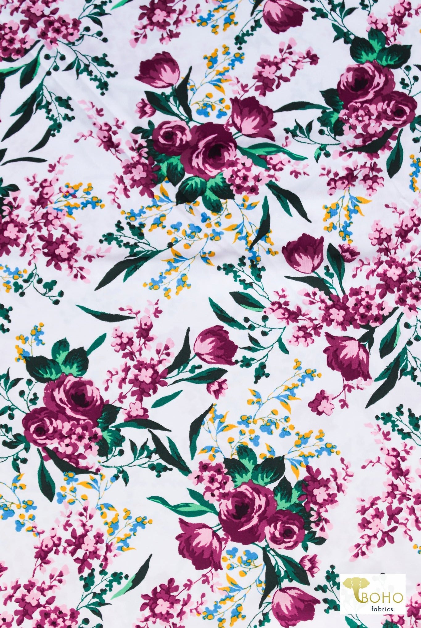 Floral Waltz on White, Athletic Knit Fabric - Boho Fabrics - Athletic Knit Fabric