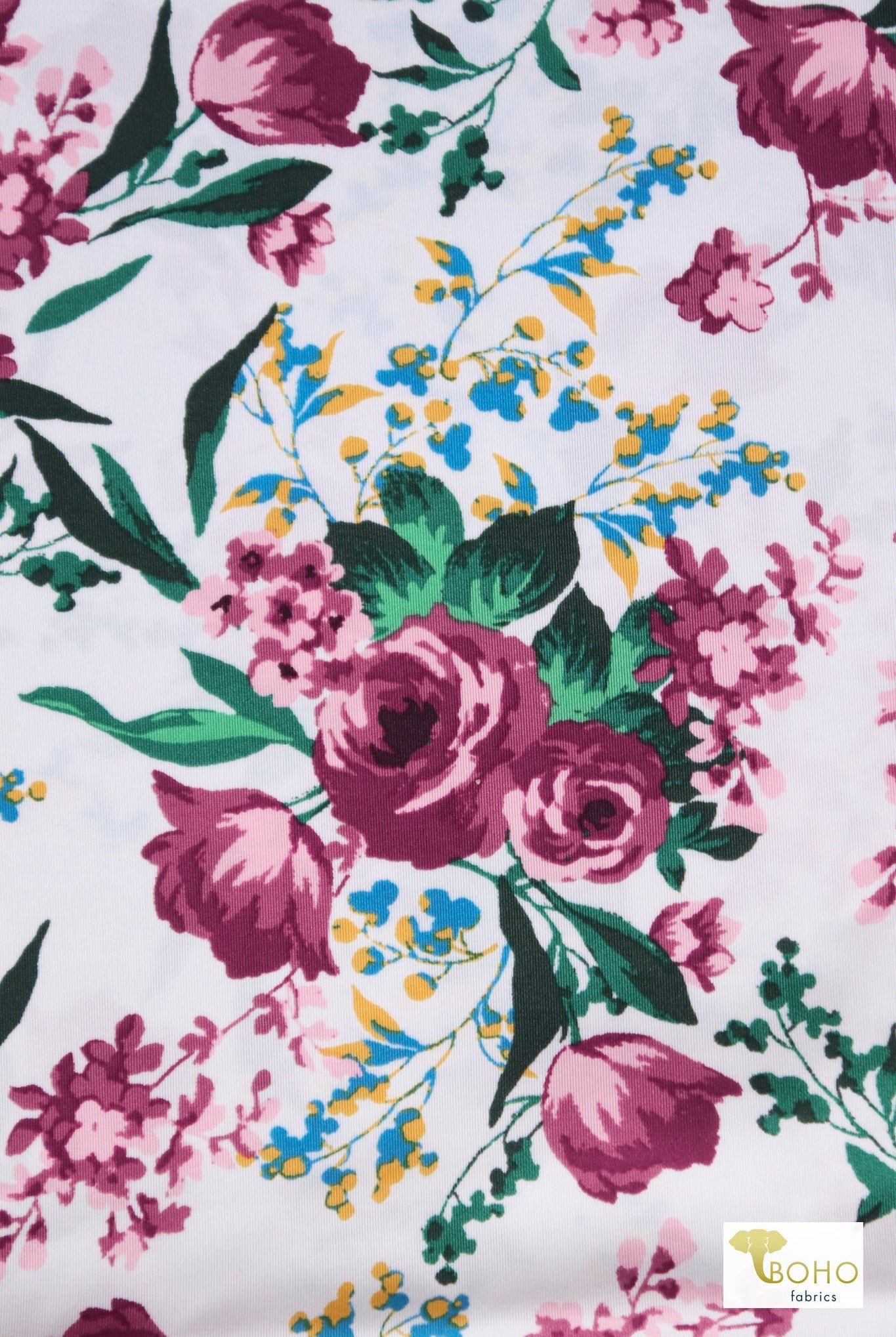 Floral Waltz on White, Athletic Knit Fabric - Boho Fabrics - Athletic Knit Fabric