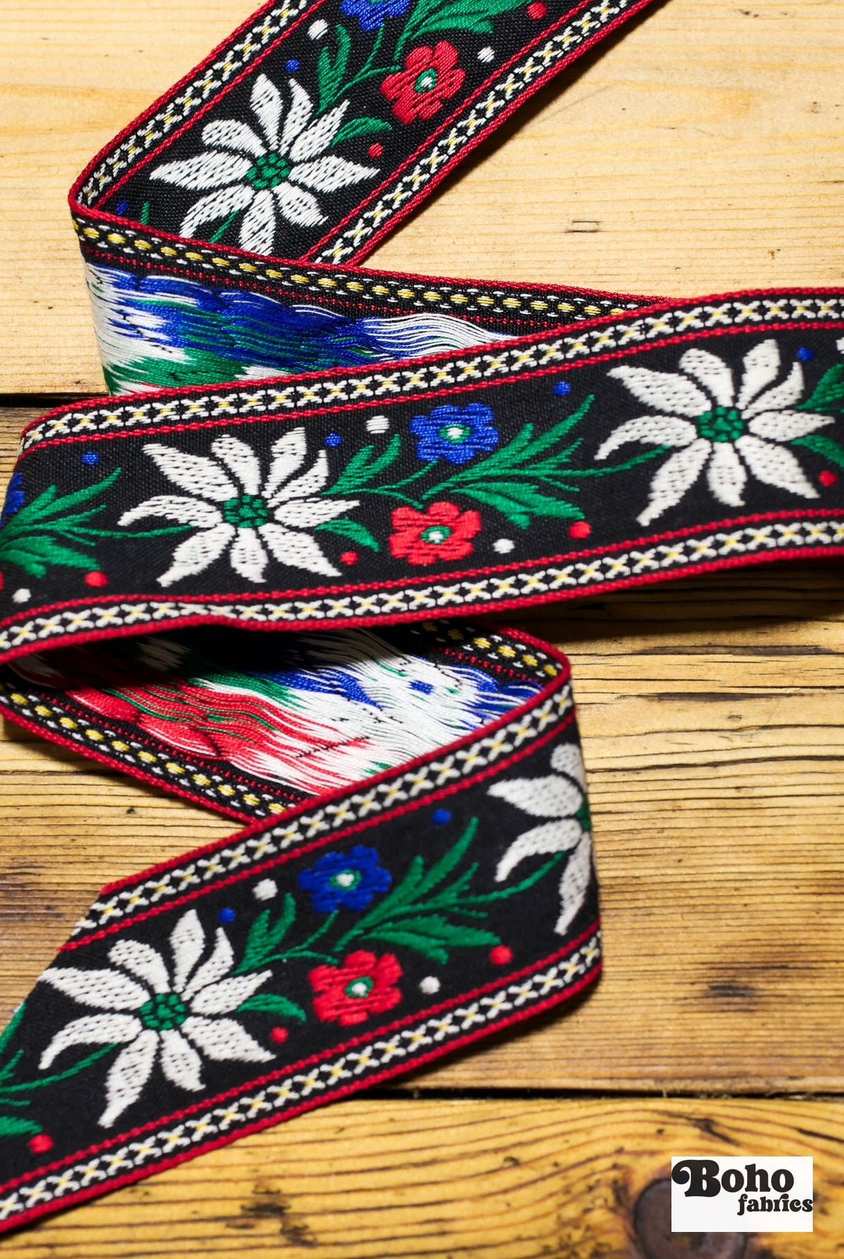 Florals & Everberry, 1.75" Jacquard Woven Trim, Red, White Green & Blue TRIM - 004 - Boho Fabrics - Trims