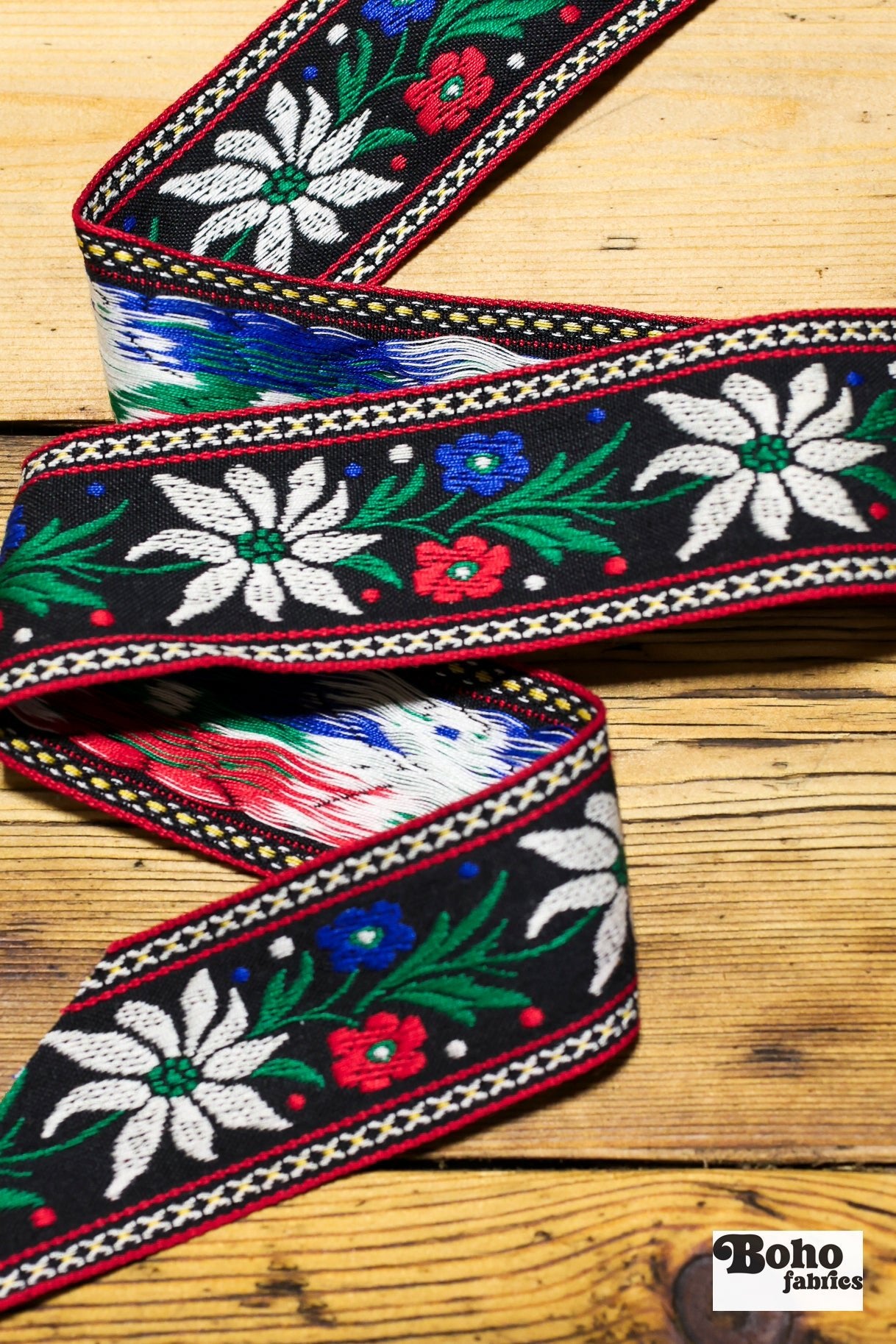 Florals & Everberry, 1.75" Jacquard Woven Trim, Red, White Green & Blue TRIM - 004 - Boho Fabrics - Trims