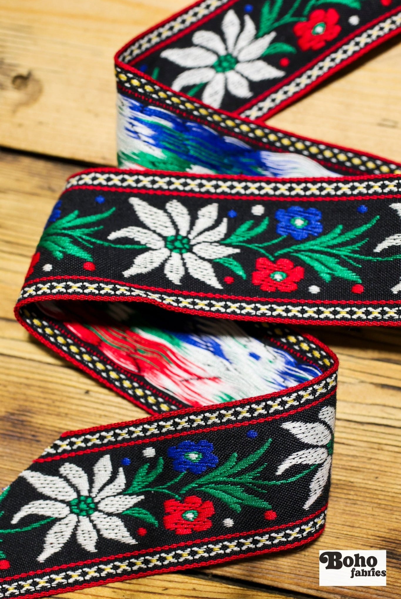 Florals & Everberry, 1.75" Jacquard Woven Trim, Red, White Green & Blue TRIM - 004 - Boho Fabrics - Trims