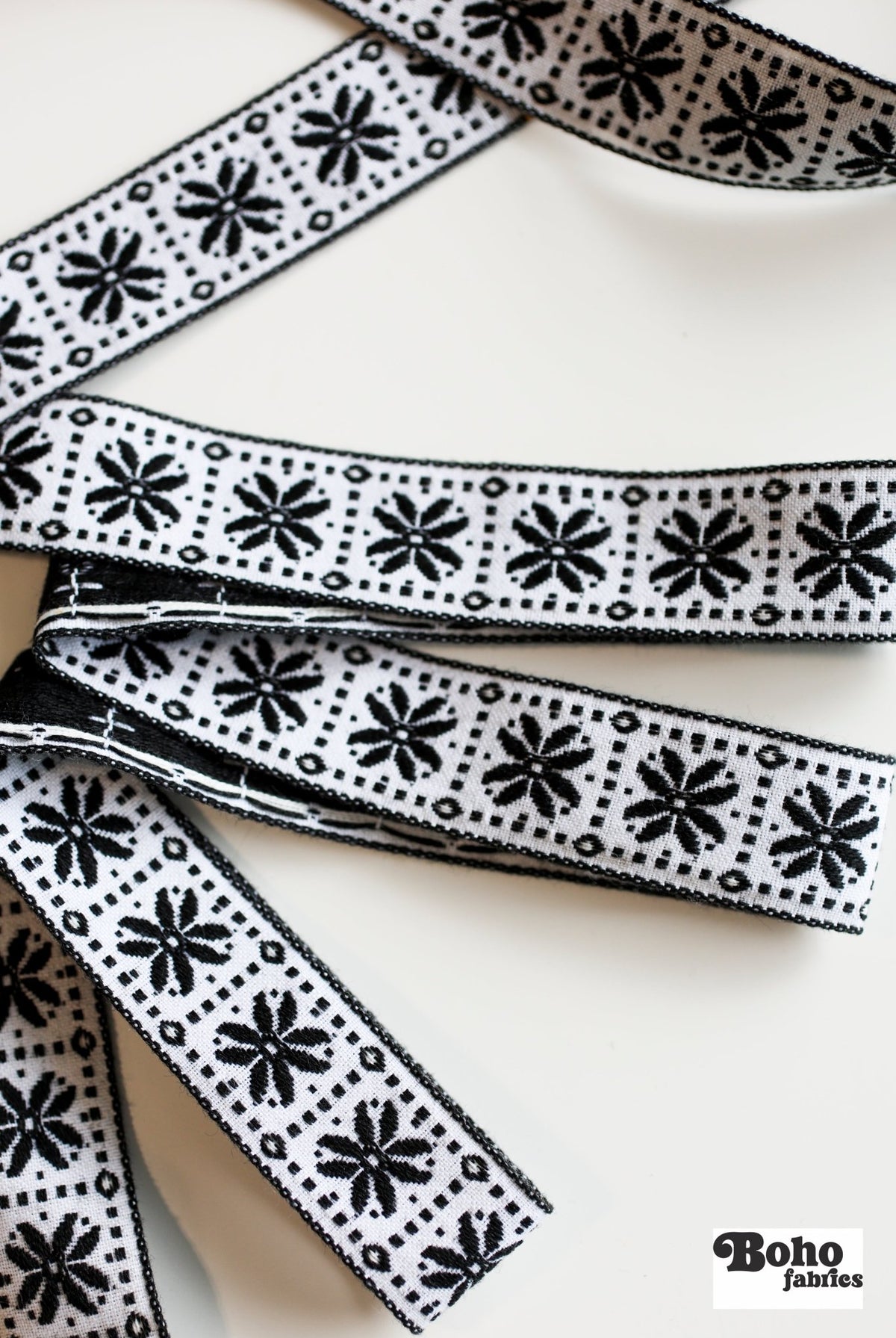 Flower Block in Black & White, 1 1/8" Vintage Jacquard Woven Trim, TRIM - 063 - Boho Fabrics - Trims