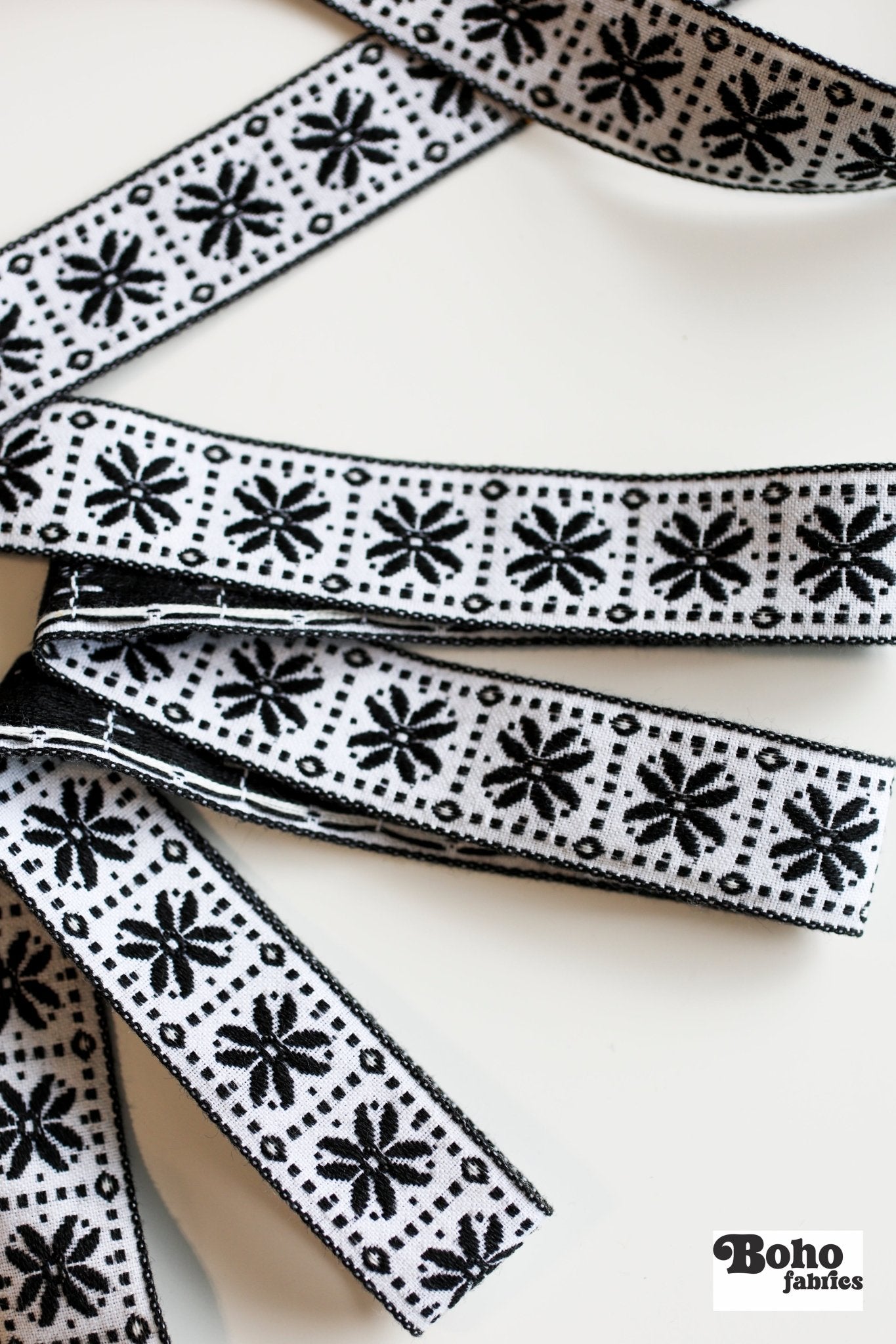 Flower Block in Black & White, 1 1/8" Vintage Jacquard Woven Trim, TRIM - 063 - Boho Fabrics - Trims