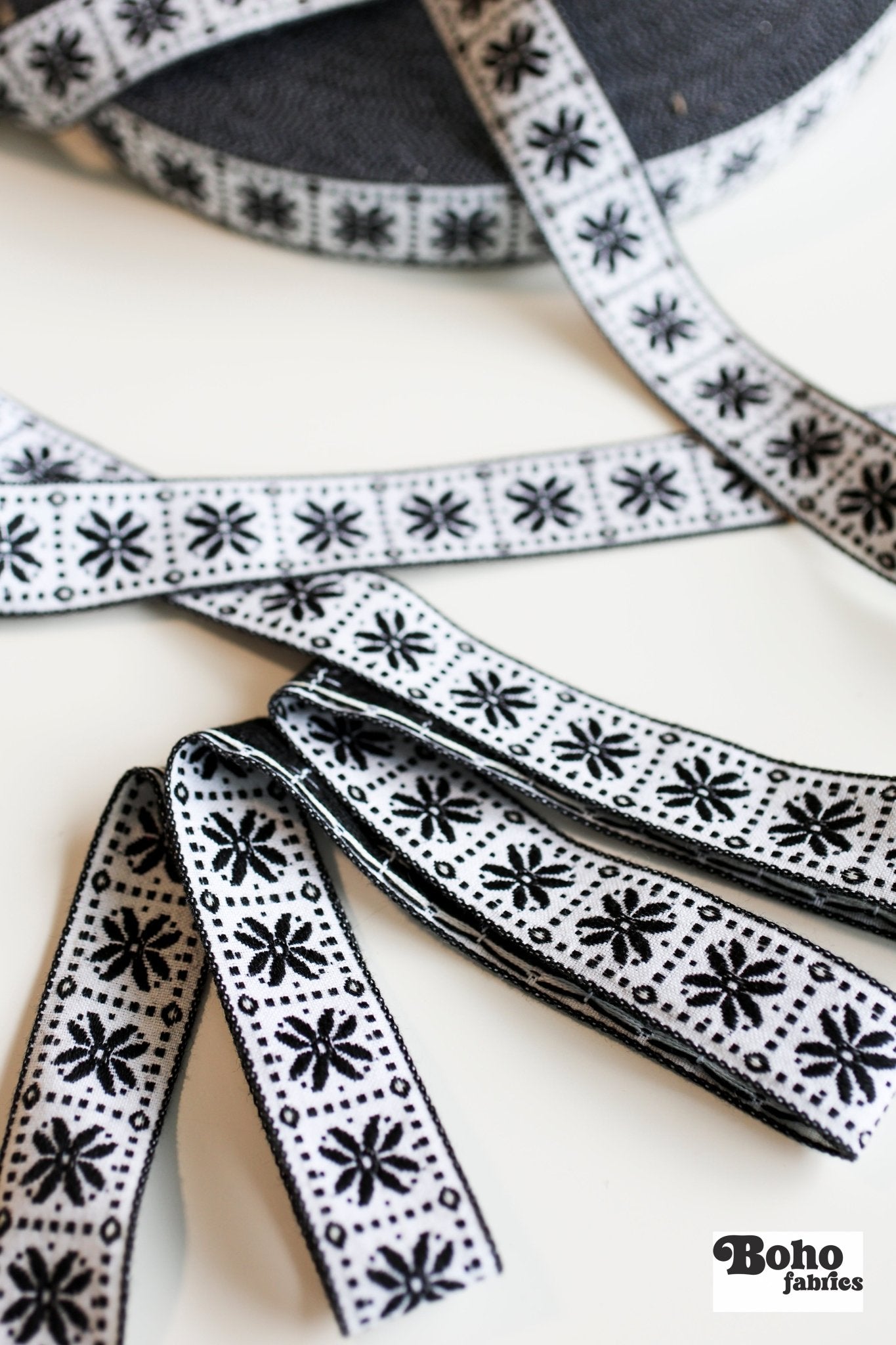 Flower Block in Black & White, 1 1/8" Vintage Jacquard Woven Trim, TRIM - 063 - Boho Fabrics - Trims