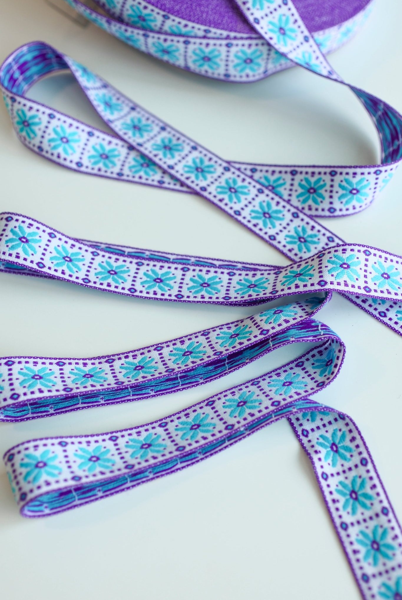 Flower Block in Blue & Purple, 1 1/8" Vintage Jacquard Woven Trim, TRIM - 018 - Boho Fabrics - Trims