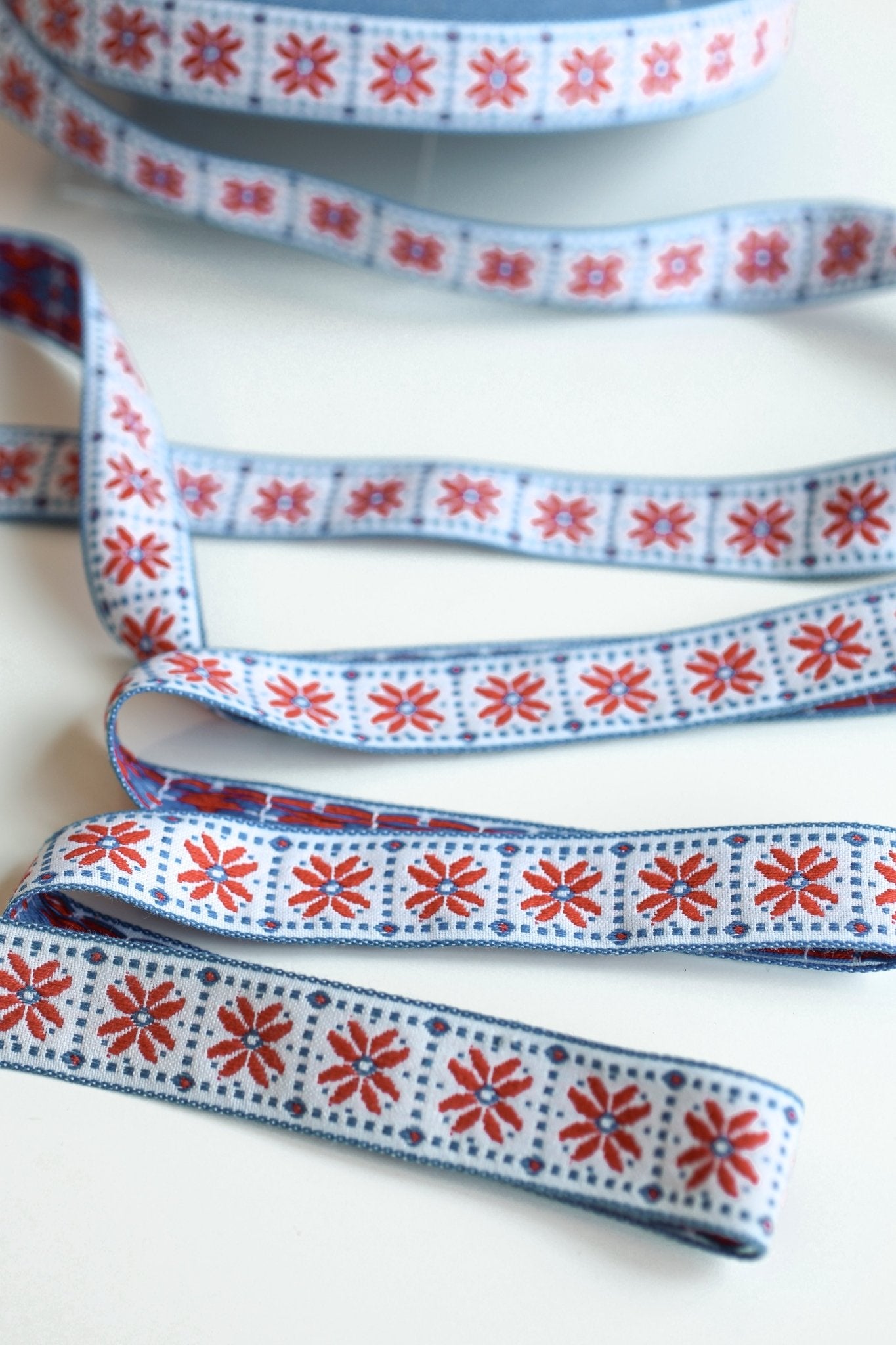 Flower Block in Red & Blue, 1 1/8" Vintage Jacquard Woven Trim, TRIM - 019 - Boho Fabrics - Trims