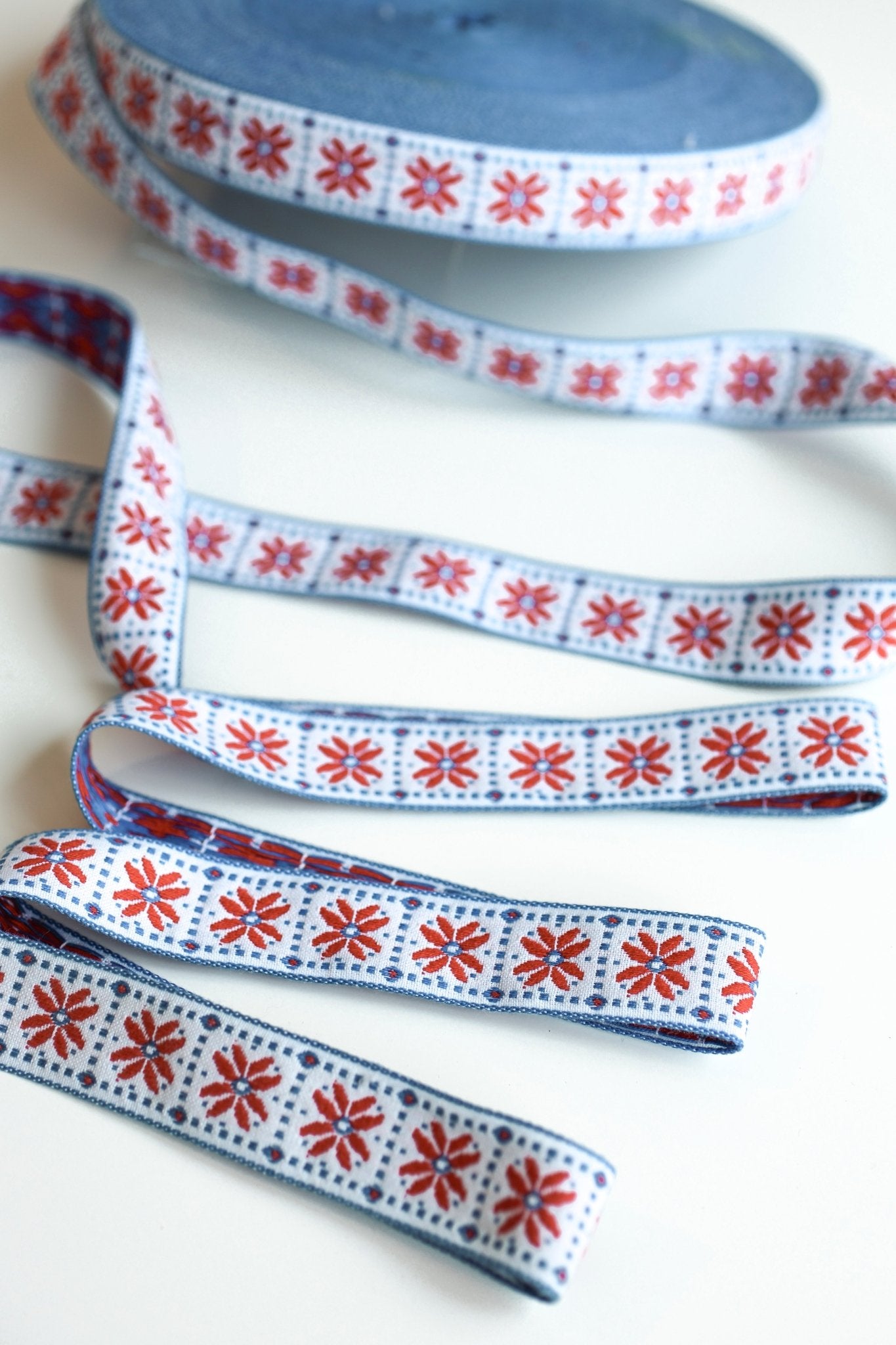 Flower Block in Red & Blue, 1 1/8" Vintage Jacquard Woven Trim, TRIM - 019 - Boho Fabrics - Trims
