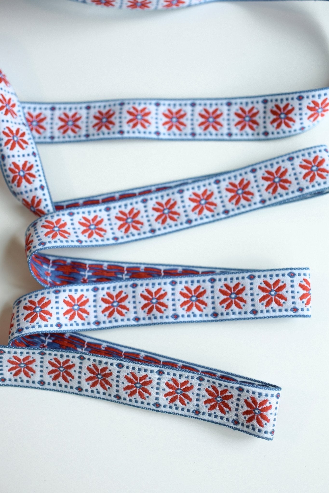 Flower Block in Red & Blue, 1 1/8" Vintage Jacquard Woven Trim, TRIM - 019 - Boho Fabrics - Trims